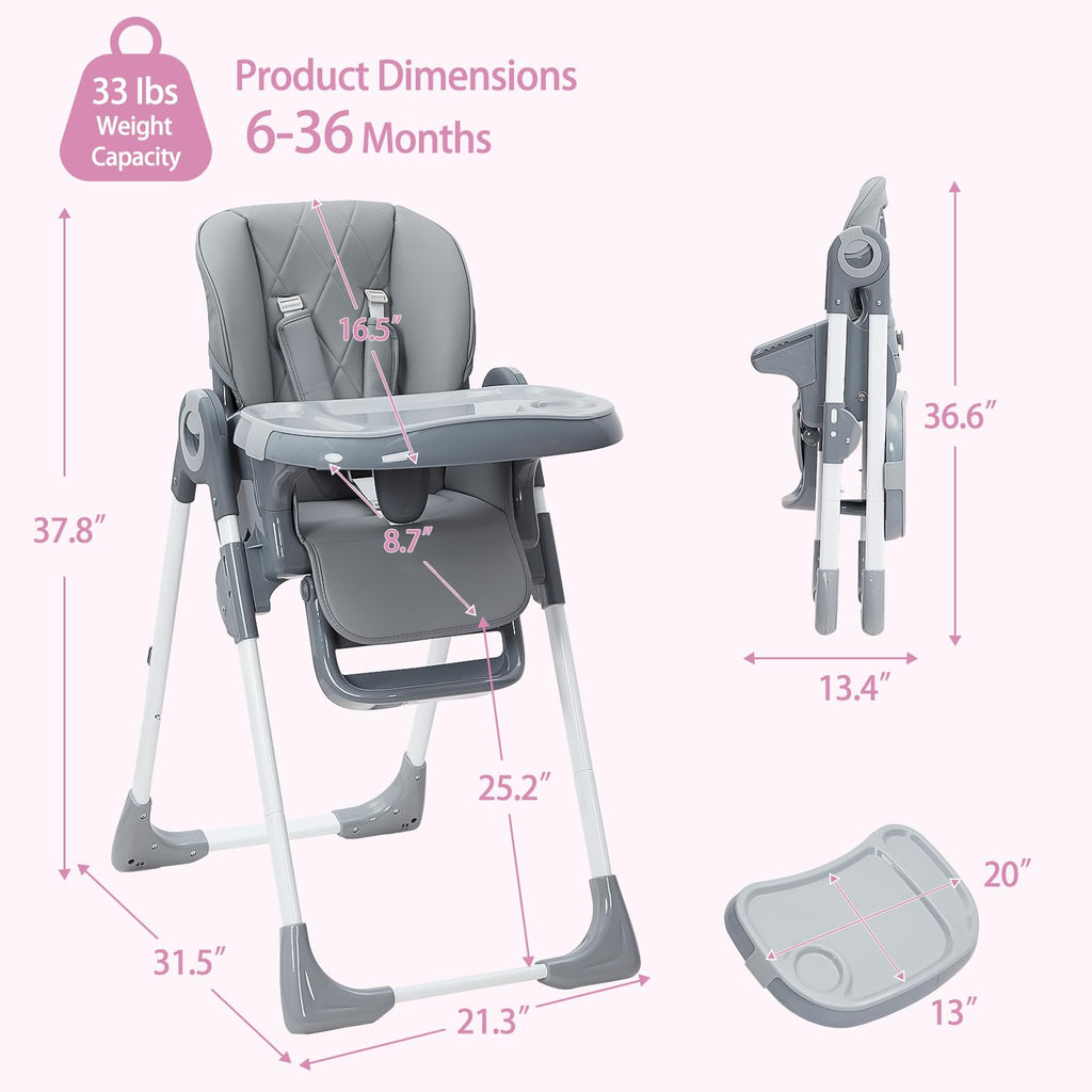 Baby High Chair Multifunctional Adjustable Height and Recline Dark Grey GainNo