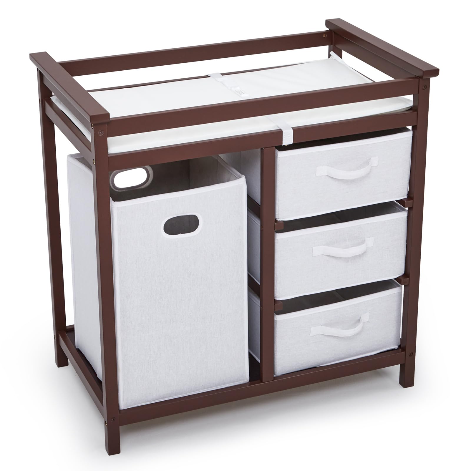 Wooden Diaper Changing Table with Laundry Hamper and 3 Drawers Brown GainNo