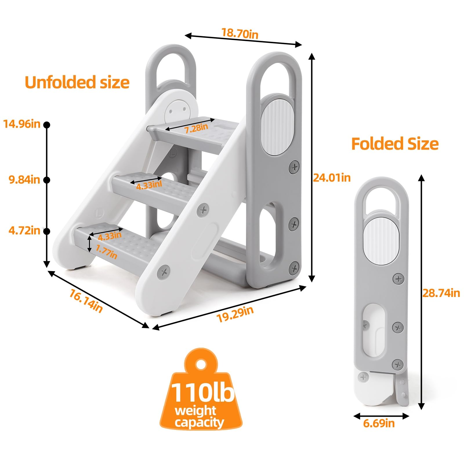 Foldable Toddler Step Stool 3-Step Adjustable Ladder Grey GainNo