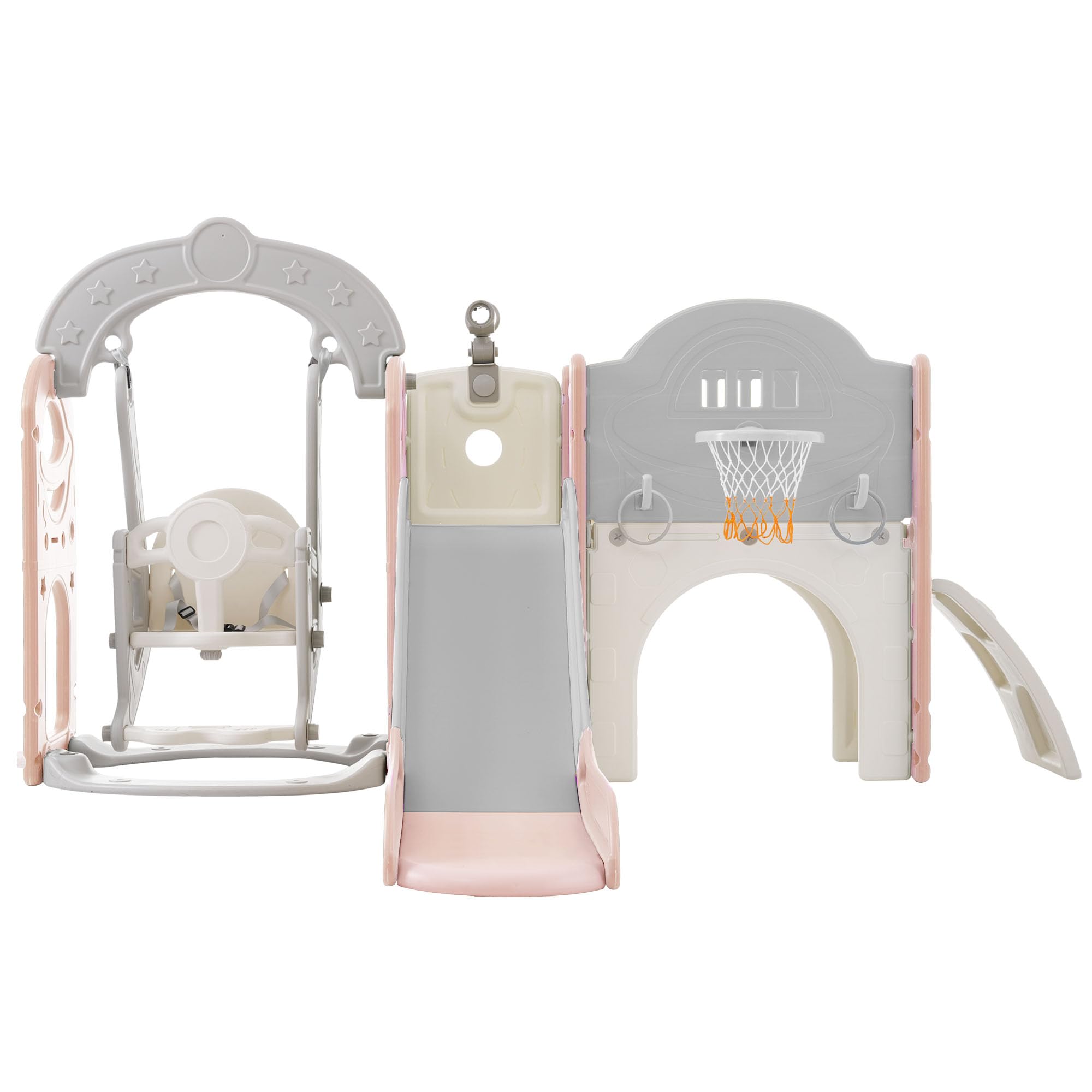 Kids Freestanding Swing Set with Basketball Hoop and Climbing Frame Grey