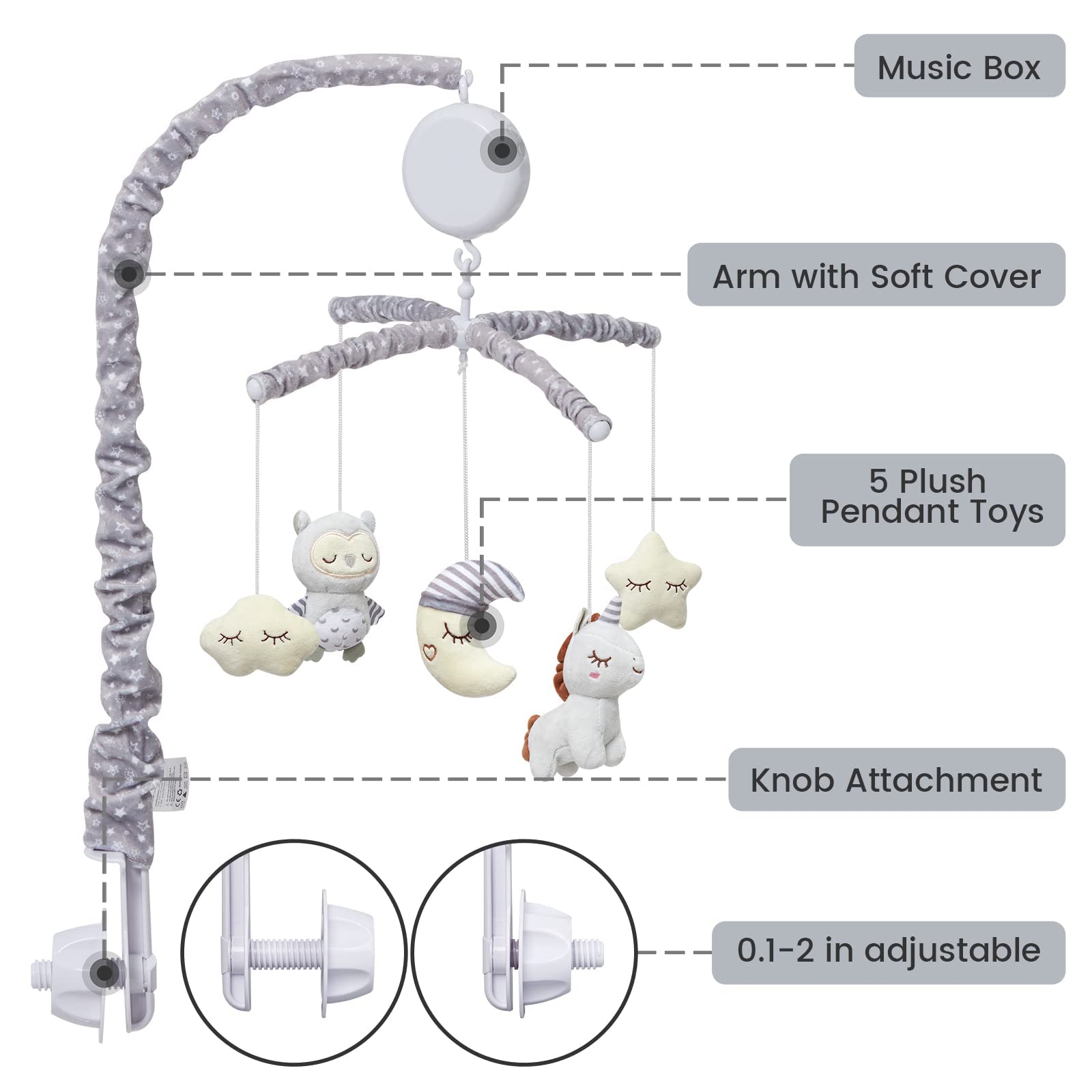 Baby Crib Mobile with Music Motor Spinner Gray