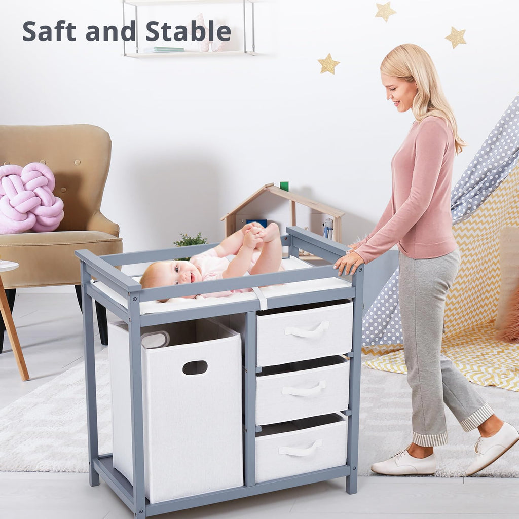 Wooden Diaper Changing Table with Laundry Hamper and 3 Storage Drawers GainNo