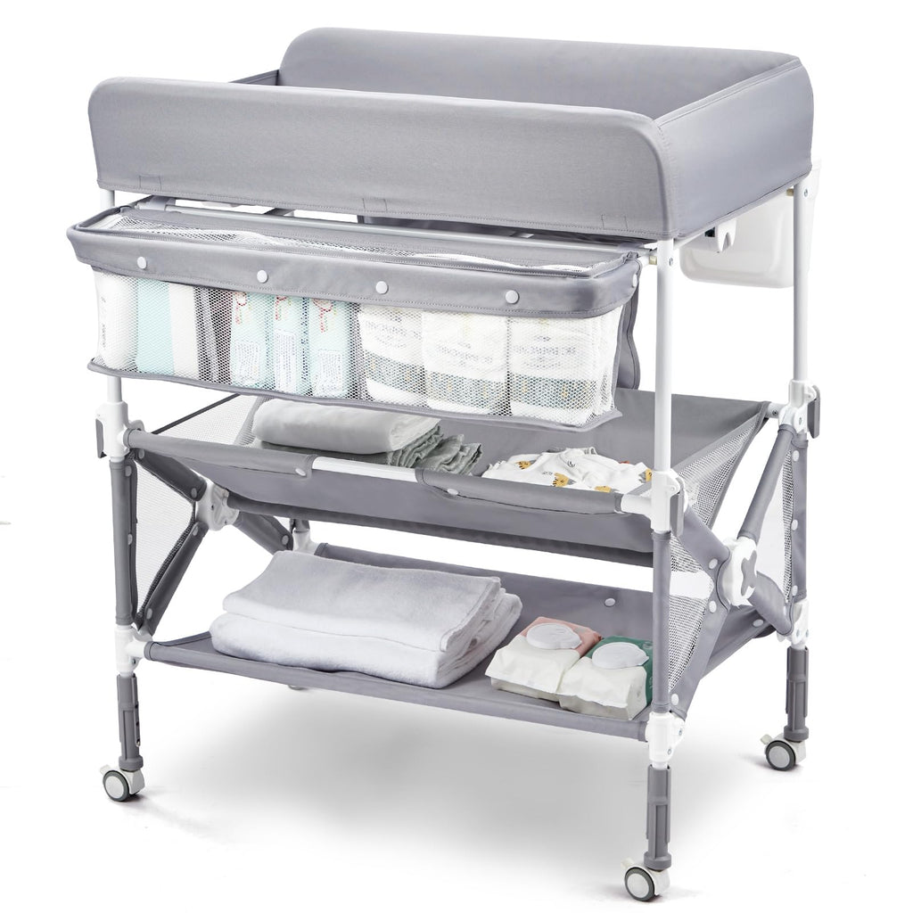 Portable Baby Changing Table with Wheels Adjustable Height Grey