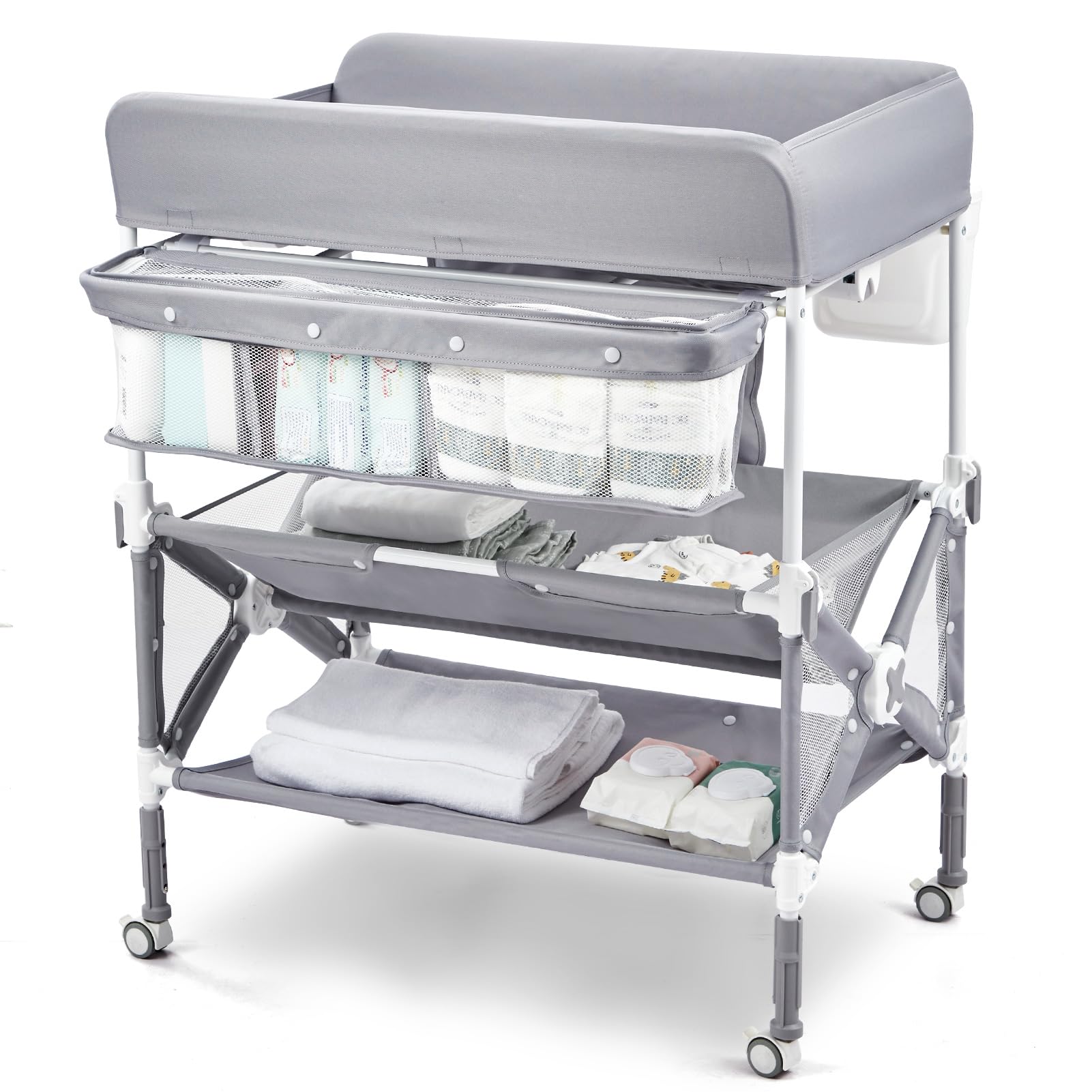 Portable Baby Changing Table with Wheels Adjustable Height Grey