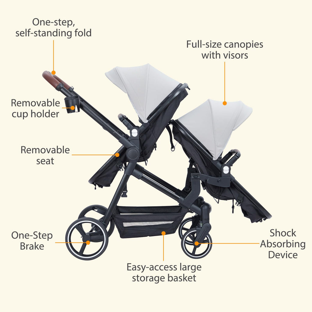Foldable Double Baby Stroller Multi-Position Reversible Light Grey