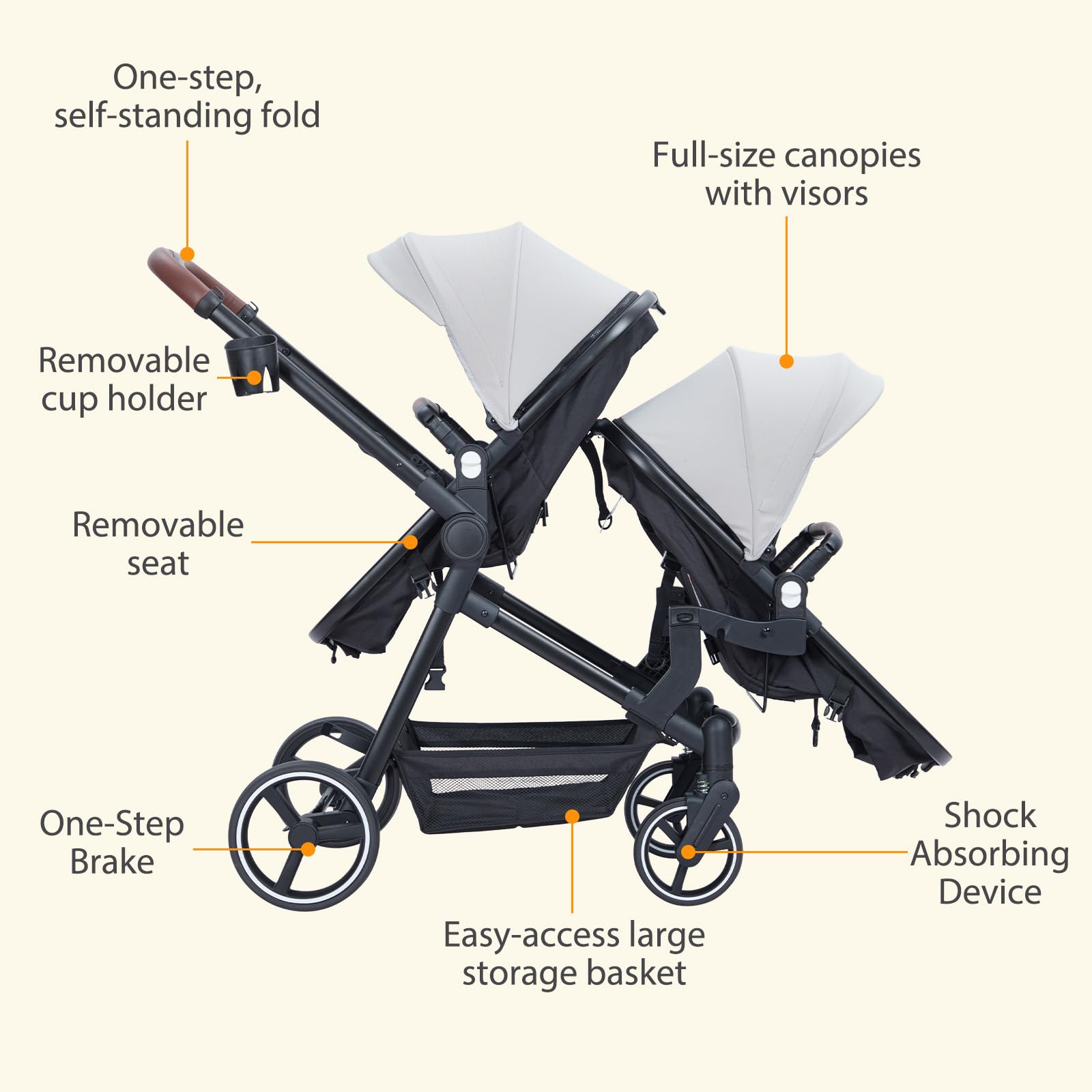 Foldable Double Baby Stroller Multi-Position Reversible Light Grey