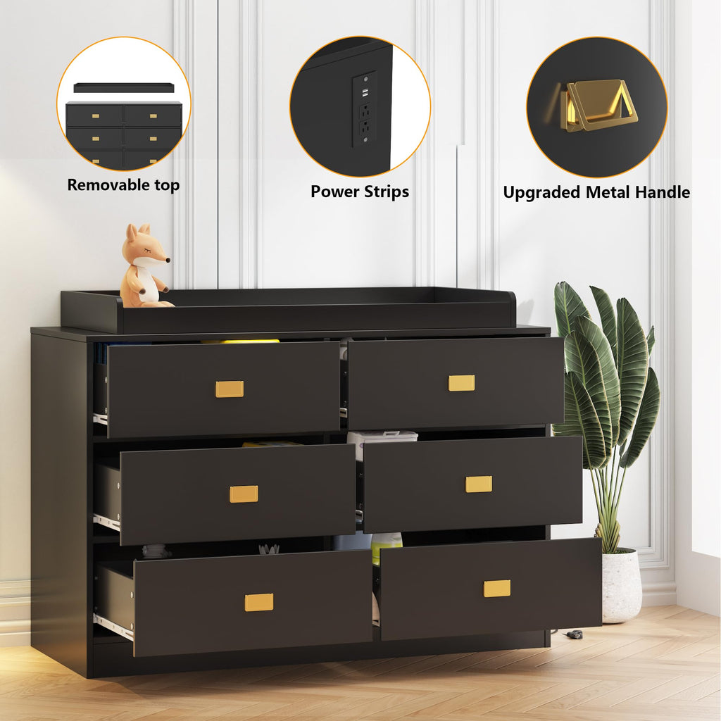 Baby Changing Table Dresser with 6 Drawers and Changing Pad Black GainNo