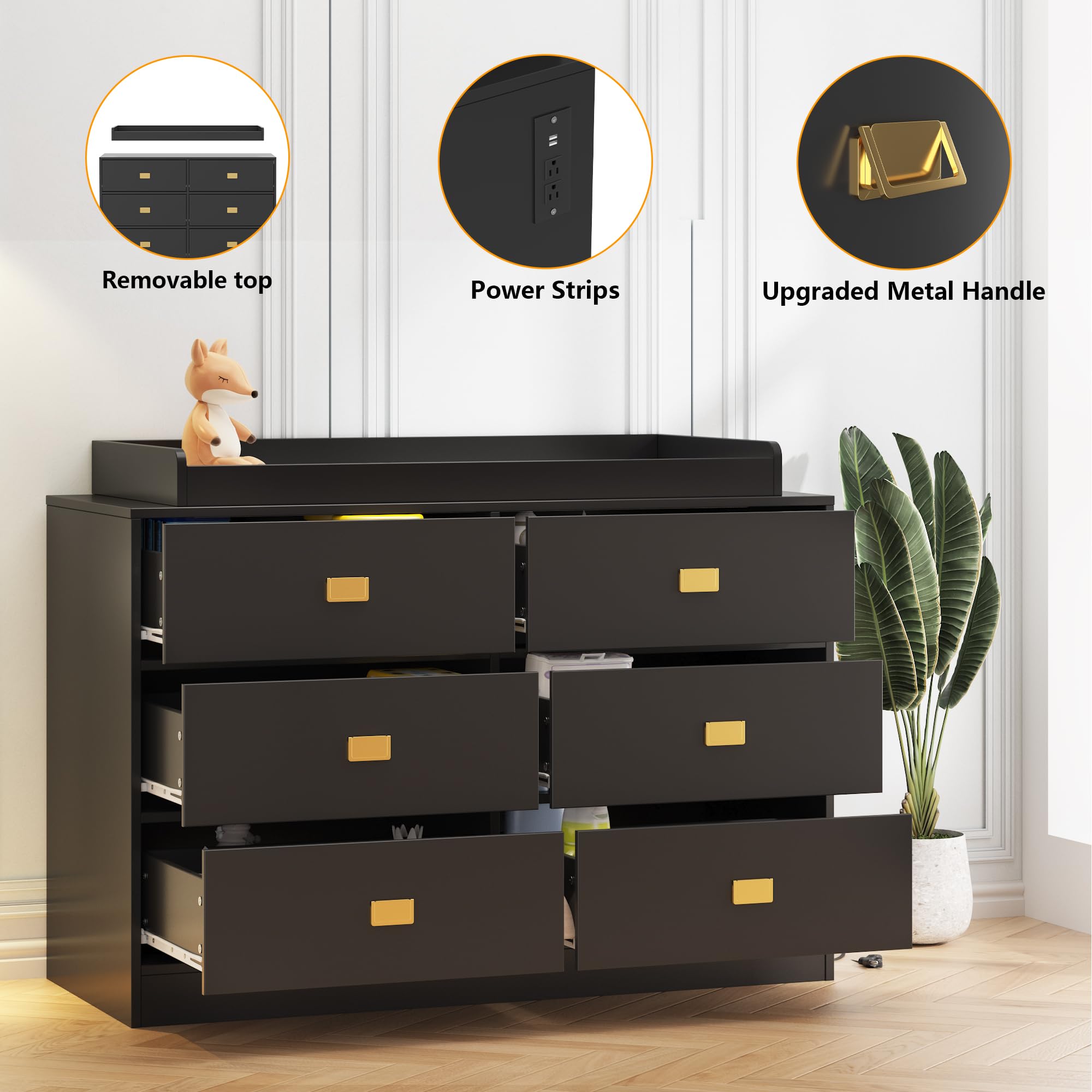 Baby Changing Table Dresser with 6 Drawers and Changing Pad Black GainNo