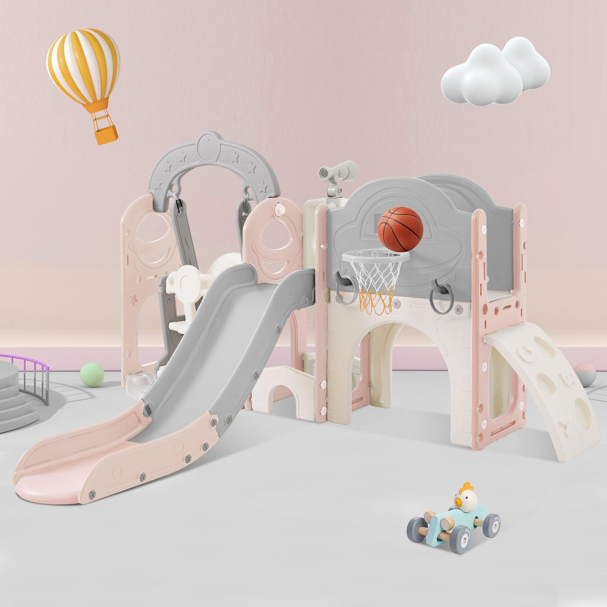 Kids Freestanding Swing Set with Basketball Hoop and Climbing Frame Grey