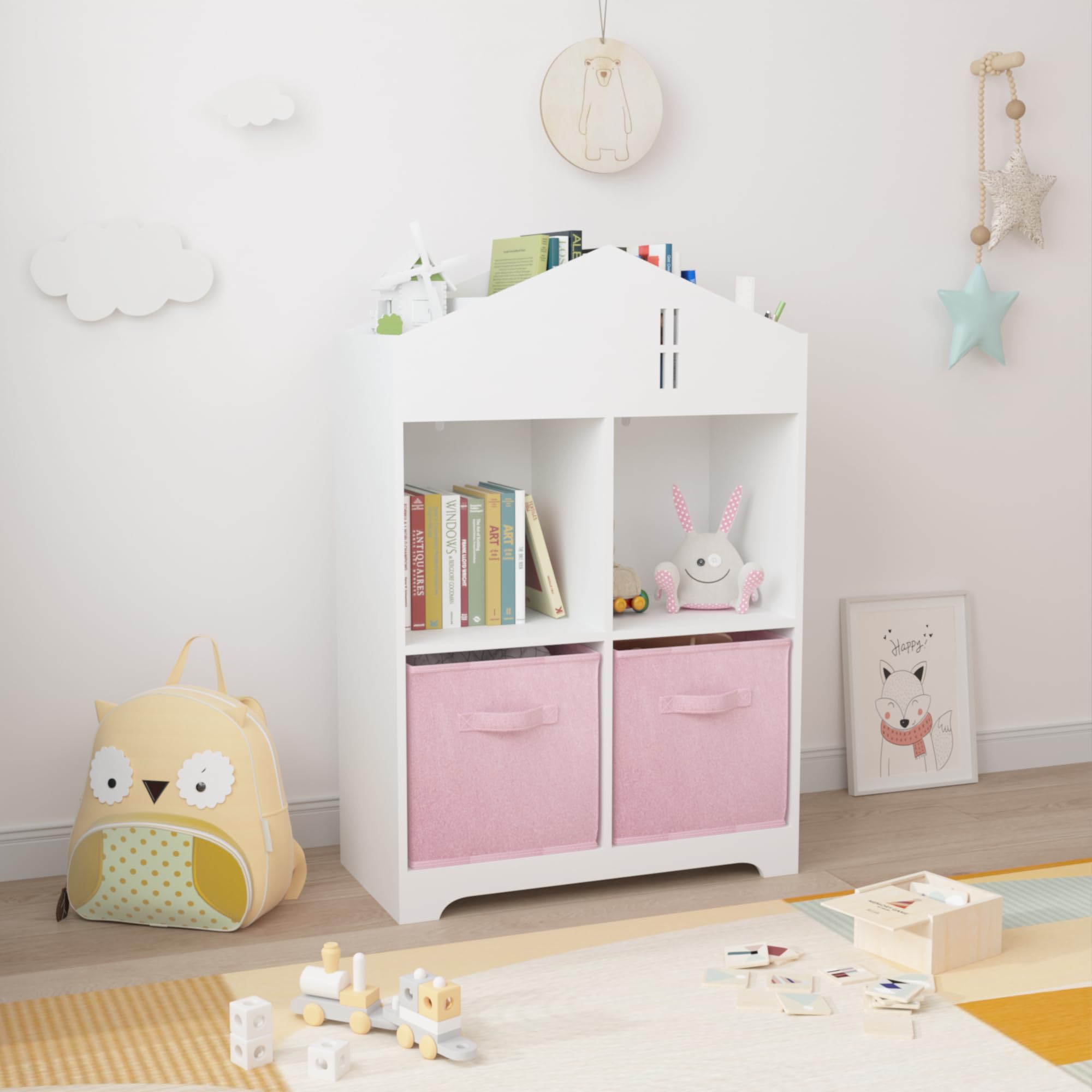 Kids Dollhouse Bookcase with Storage 2-Tier Organizer White