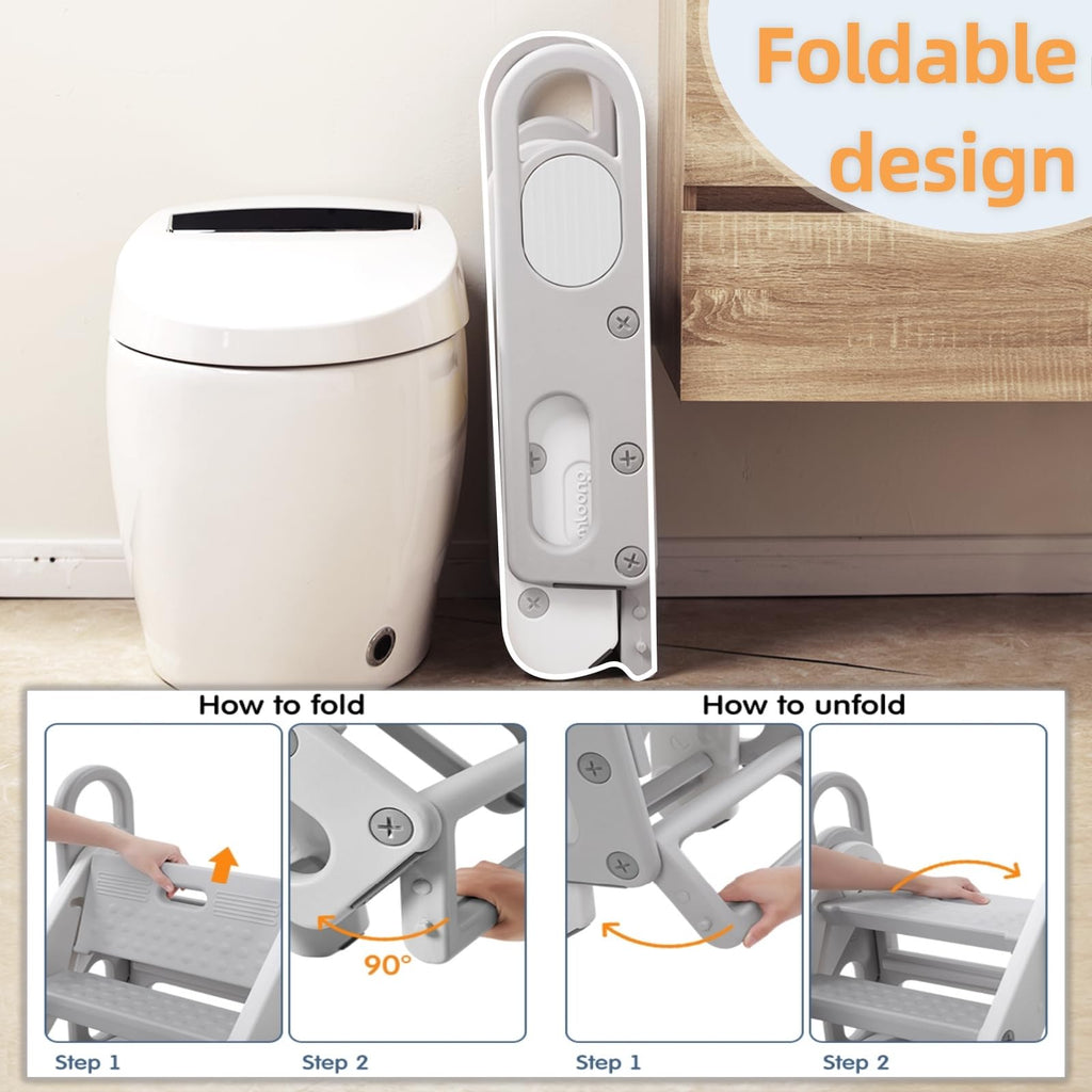 Foldable Toddler Step Stool 3-Step Adjustable Ladder Grey GainNo