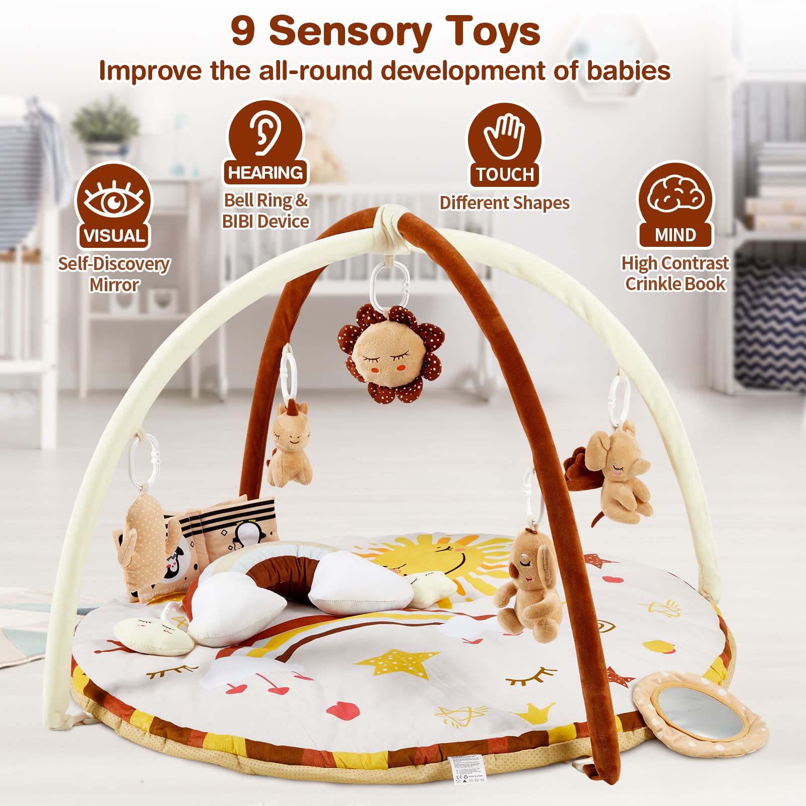 Baby Gym Play Mat with 9 Detachable Toys for Sensory Development GainNo