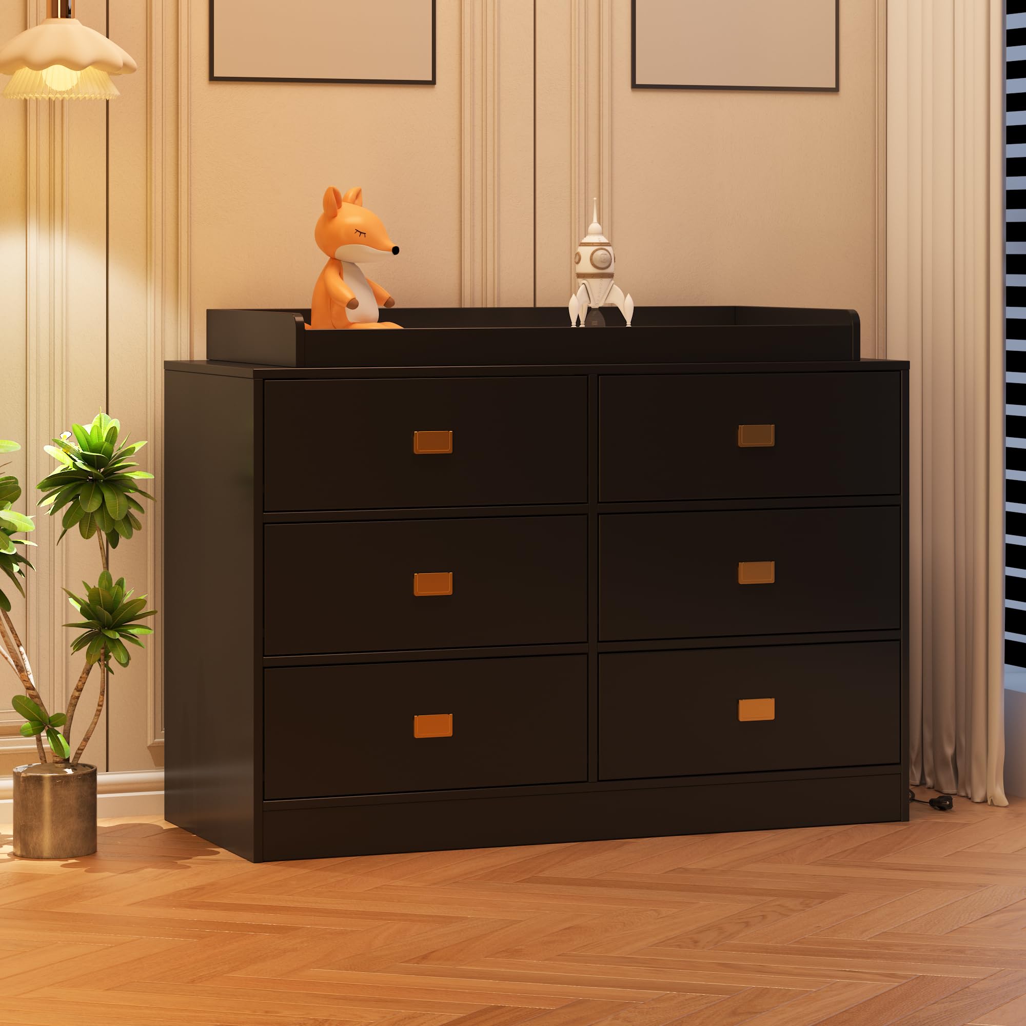 Baby Changing Table Dresser with 6 Drawers and Changing Pad Black GainNo
