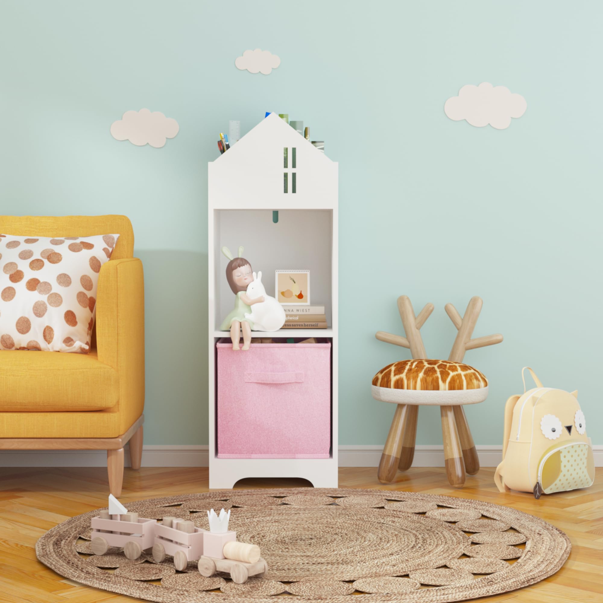 Kids Dollhouse Bookcase with Storage White One Size