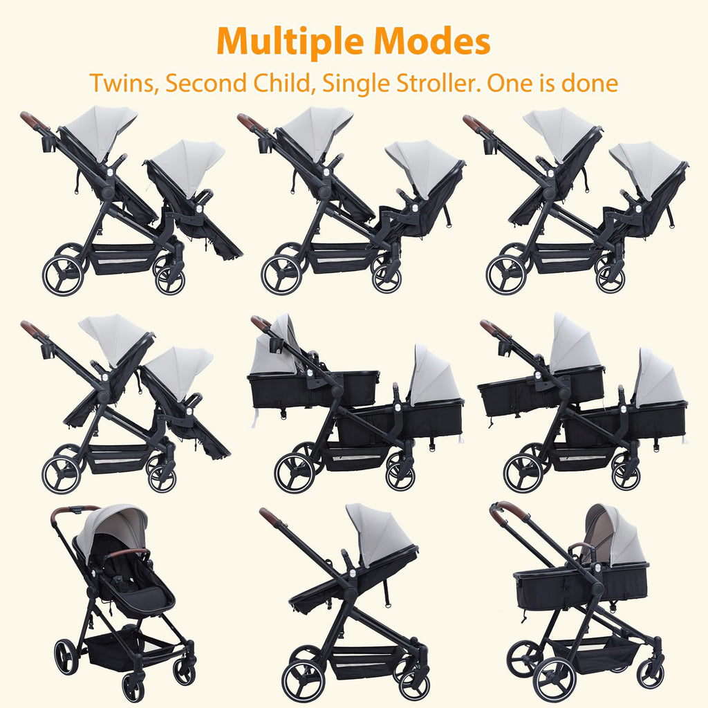 Foldable Double Baby Stroller Multi-Position Reversible Light Grey