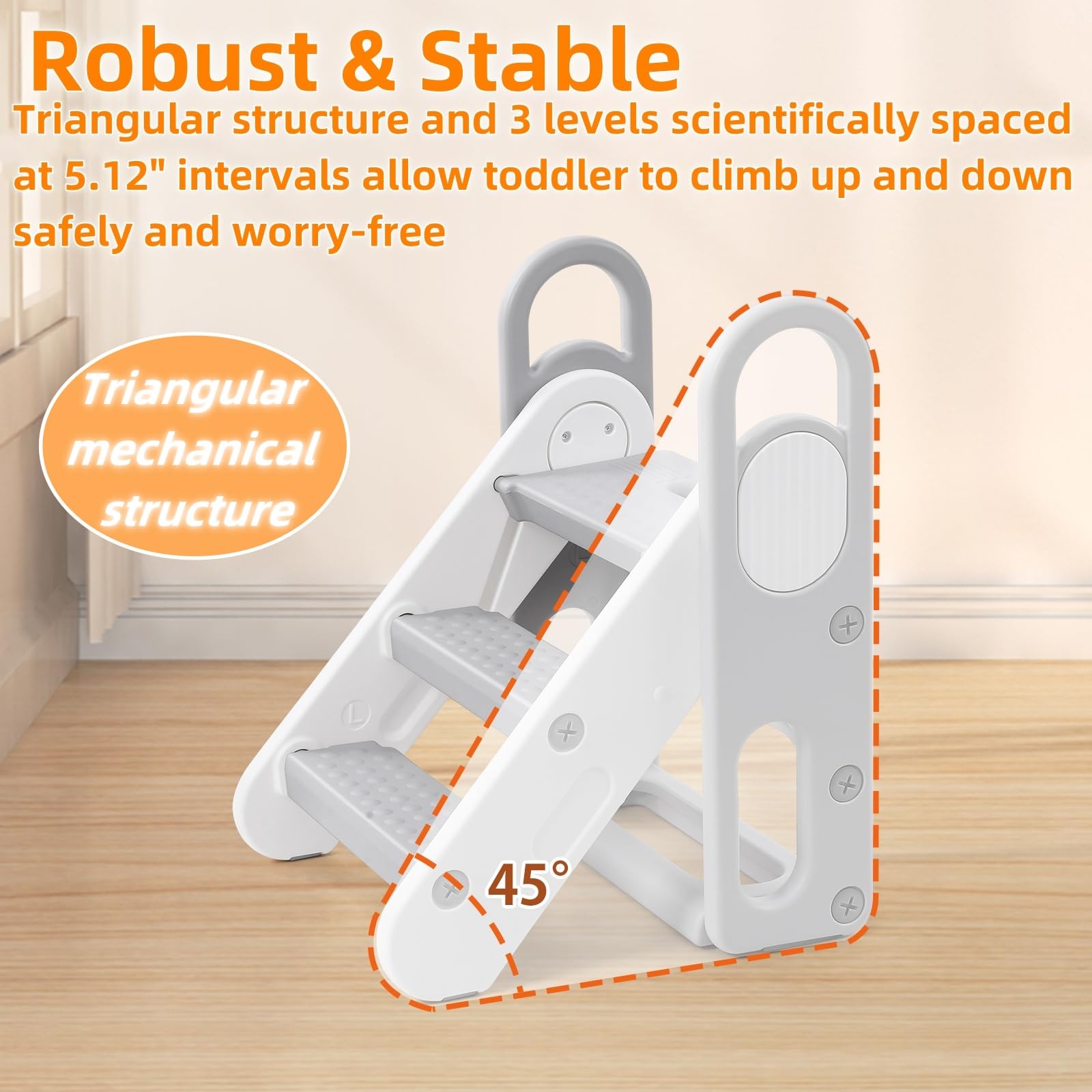 Foldable Toddler Step Stool 3-Step Adjustable Ladder Grey GainNo