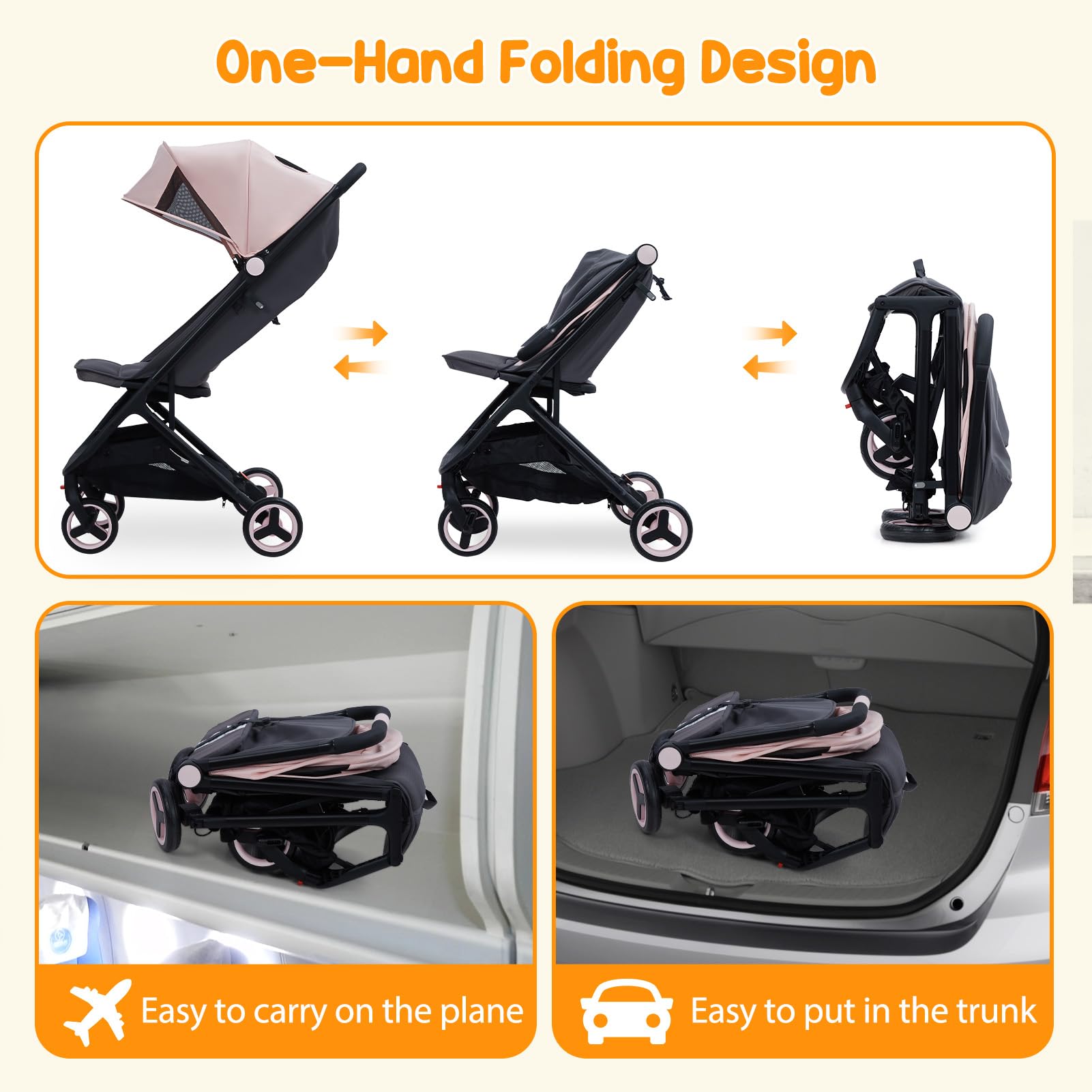 Lightweight Compact Stroller One Hand Fold Airplane Friendly Pink