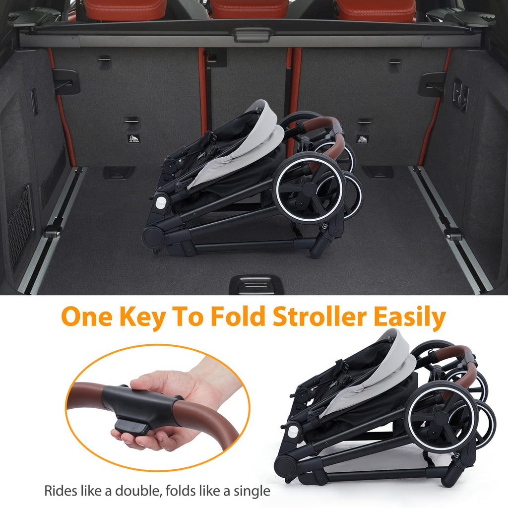 Foldable Double Baby Stroller Multi-Position Reversible Light Grey