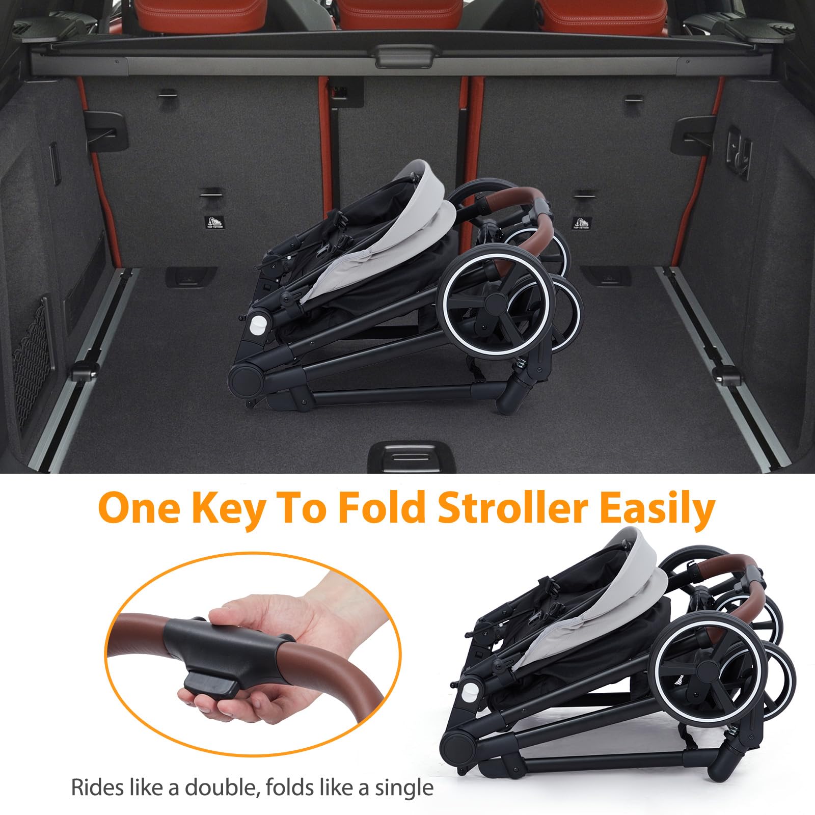Foldable Double Baby Stroller Multi-Position Reversible Light Grey