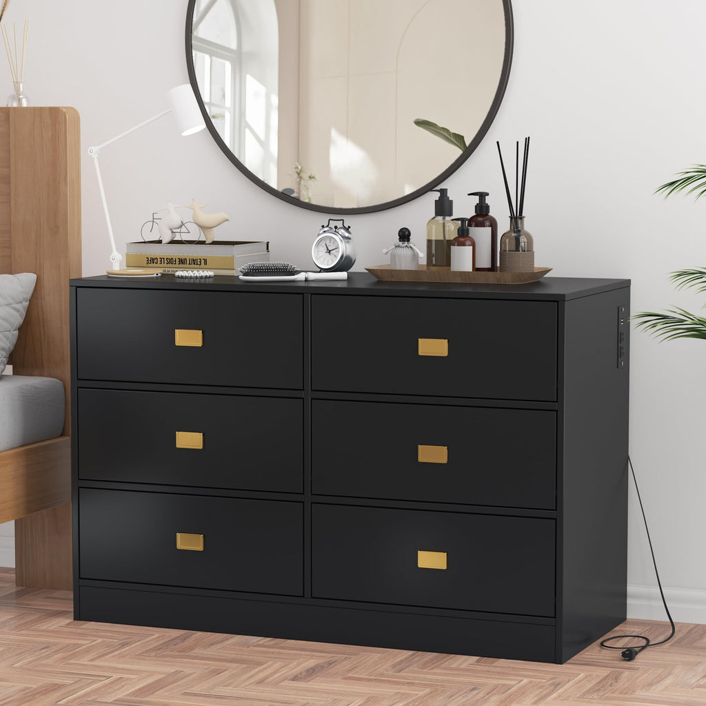 Baby Changing Table Dresser with 6 Drawers and Changing Pad Black GainNo