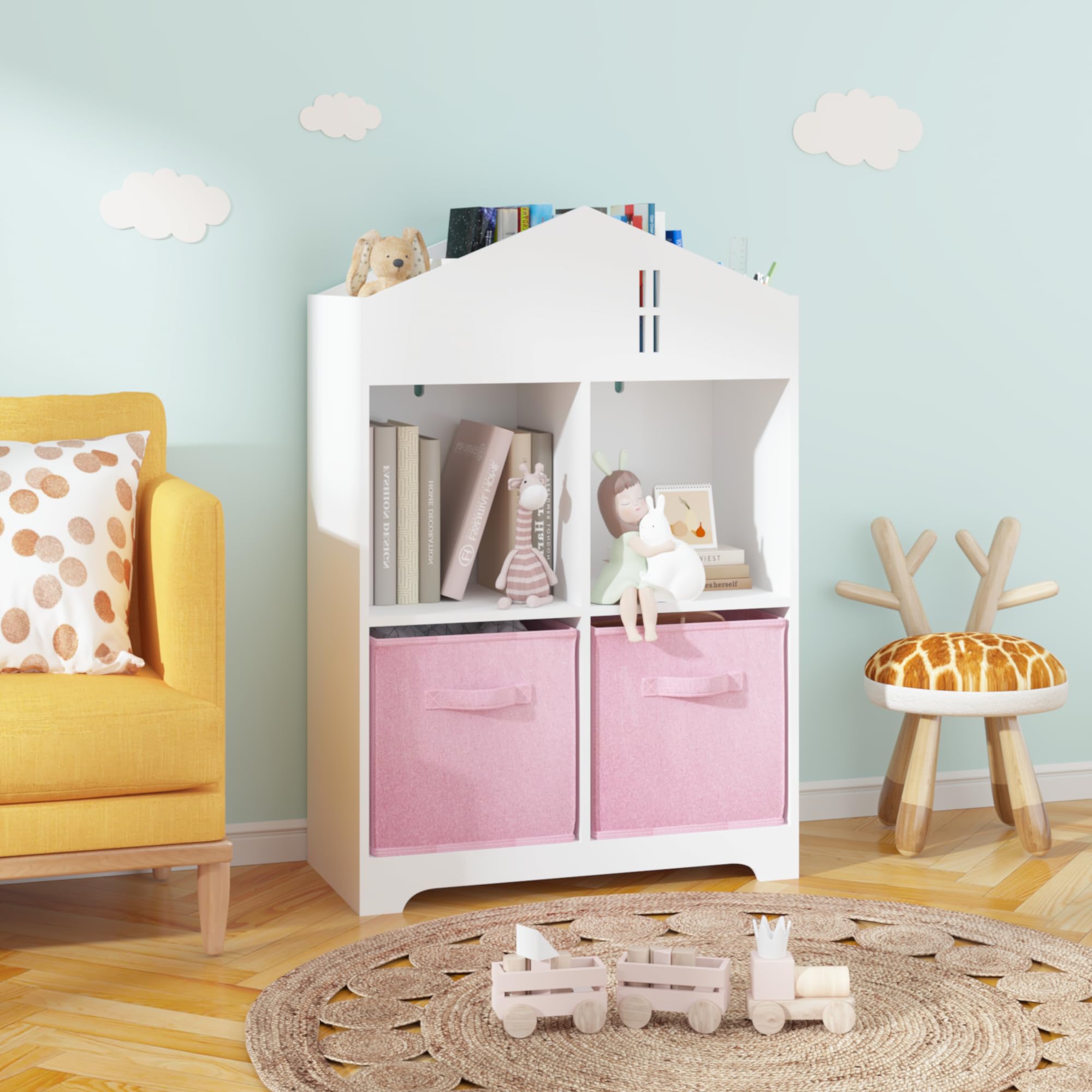 Kids Dollhouse Bookcase with Storage 2-Tier Organizer White