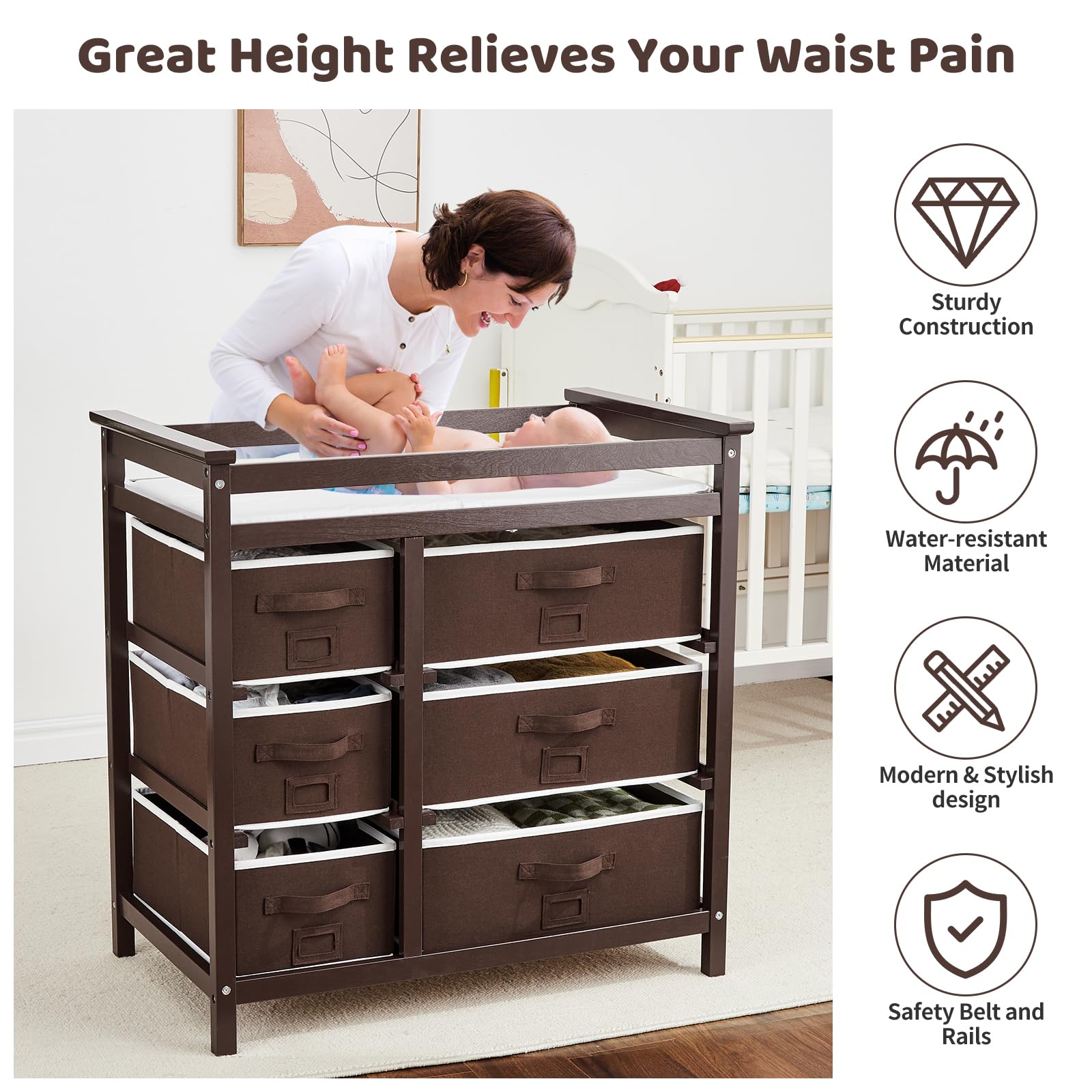 Baby Changing Table with 6 Storage Drawers and Pad GainNo