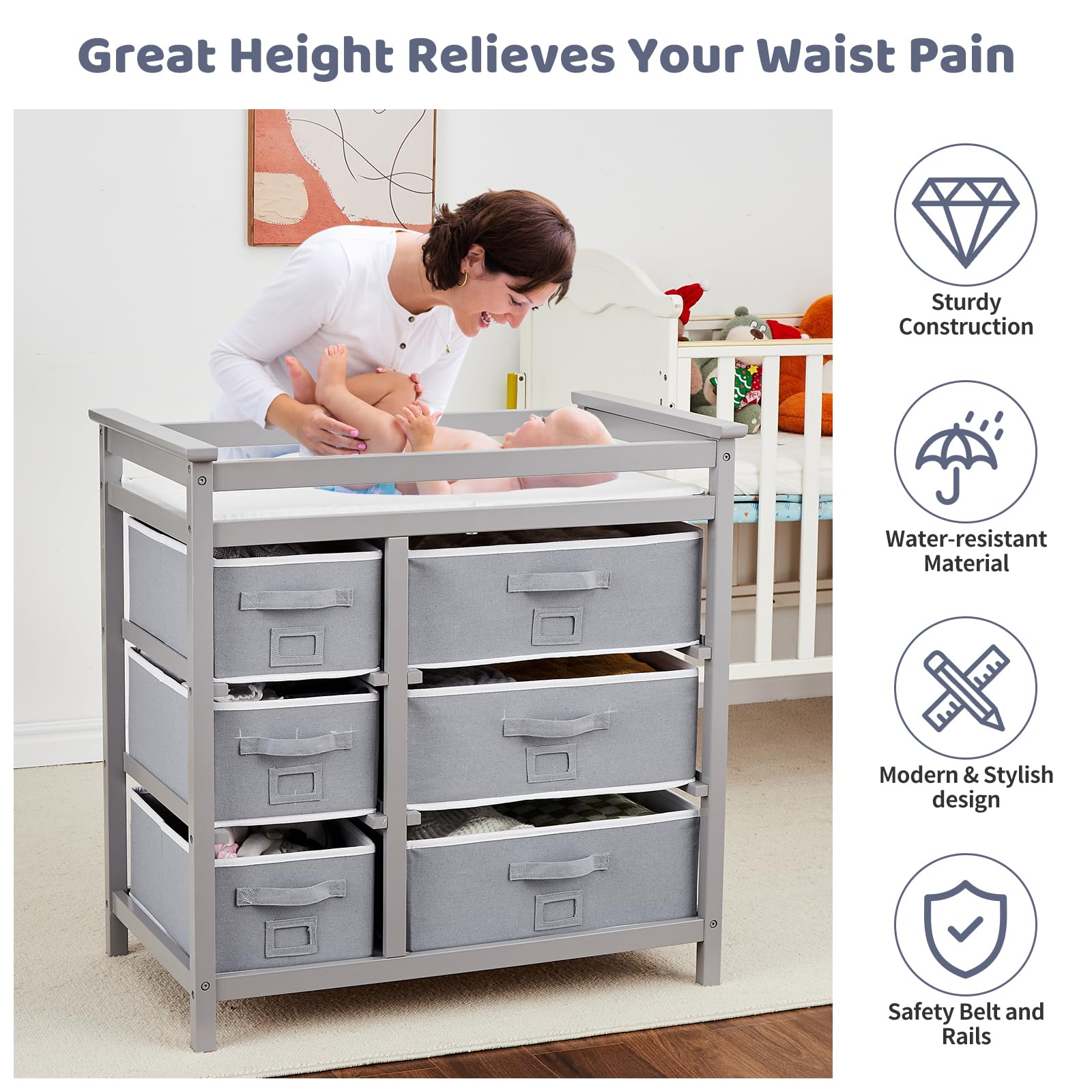 Baby Changing Table with 6 Storage Drawers and Pad GainNo