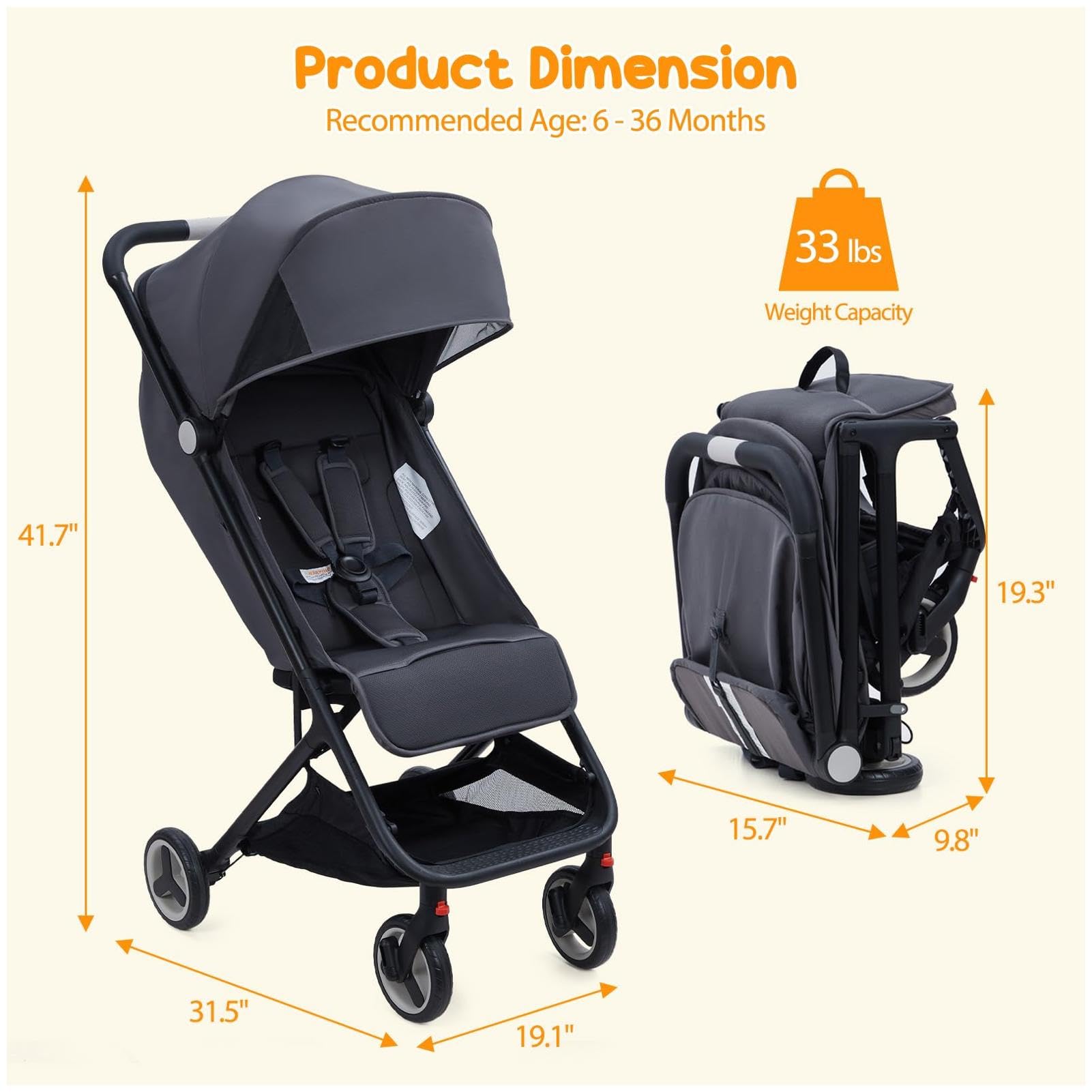 Lightweight Compact Stroller One Hand Fold Airplane Friendly Pink Gray
