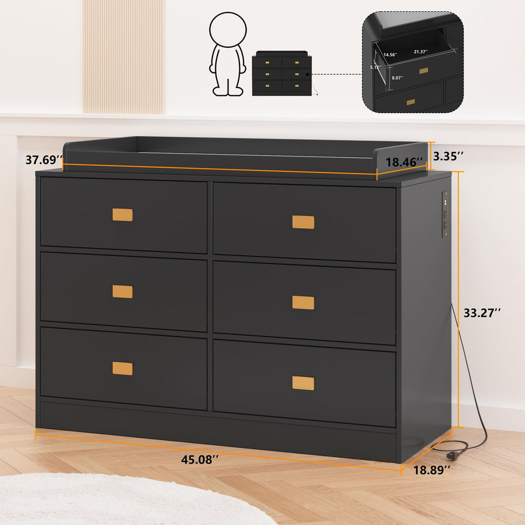 Baby Changing Table Dresser with 6 Drawers and Changing Pad Black GainNo