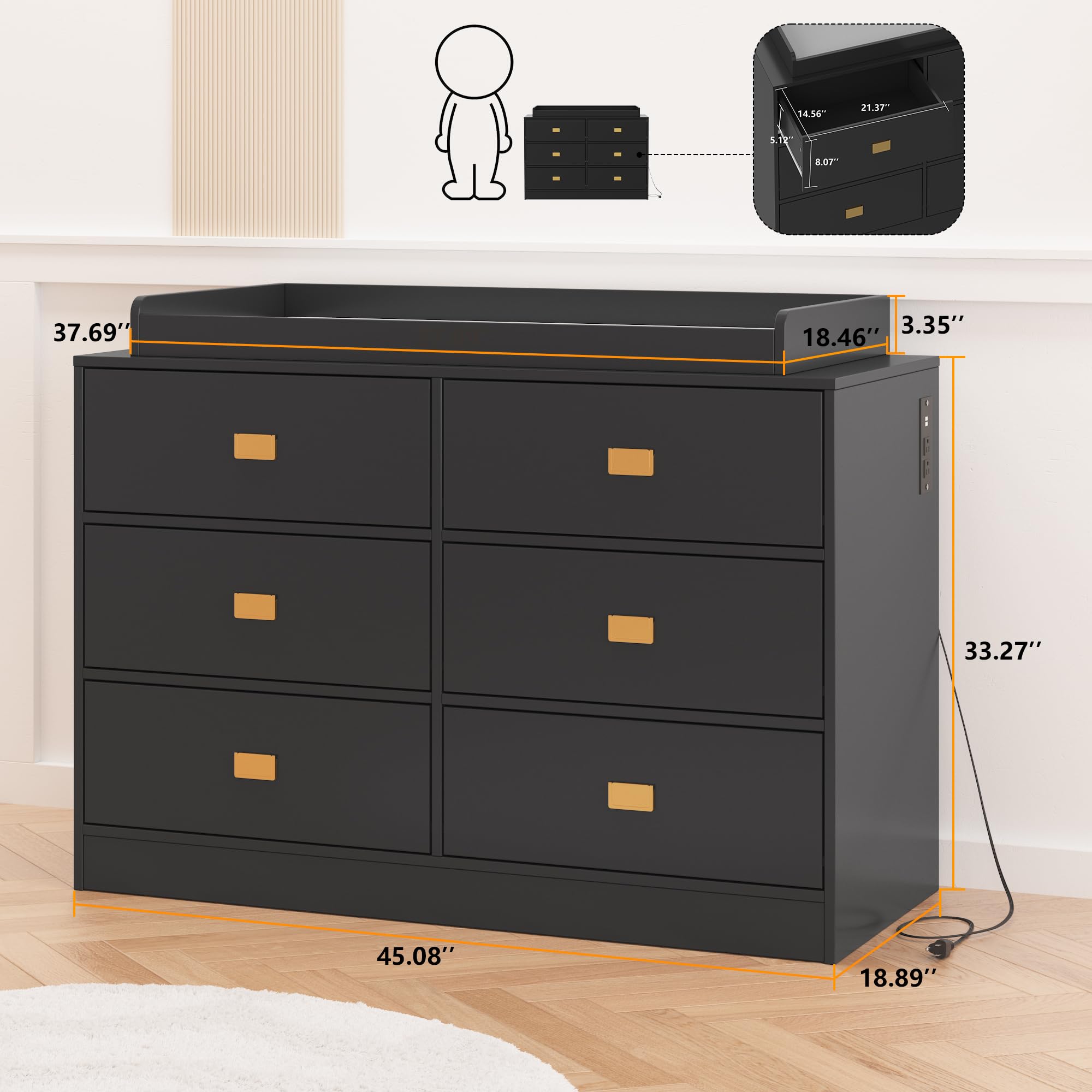 Baby Changing Table Dresser with 6 Drawers and Changing Pad Black GainNo