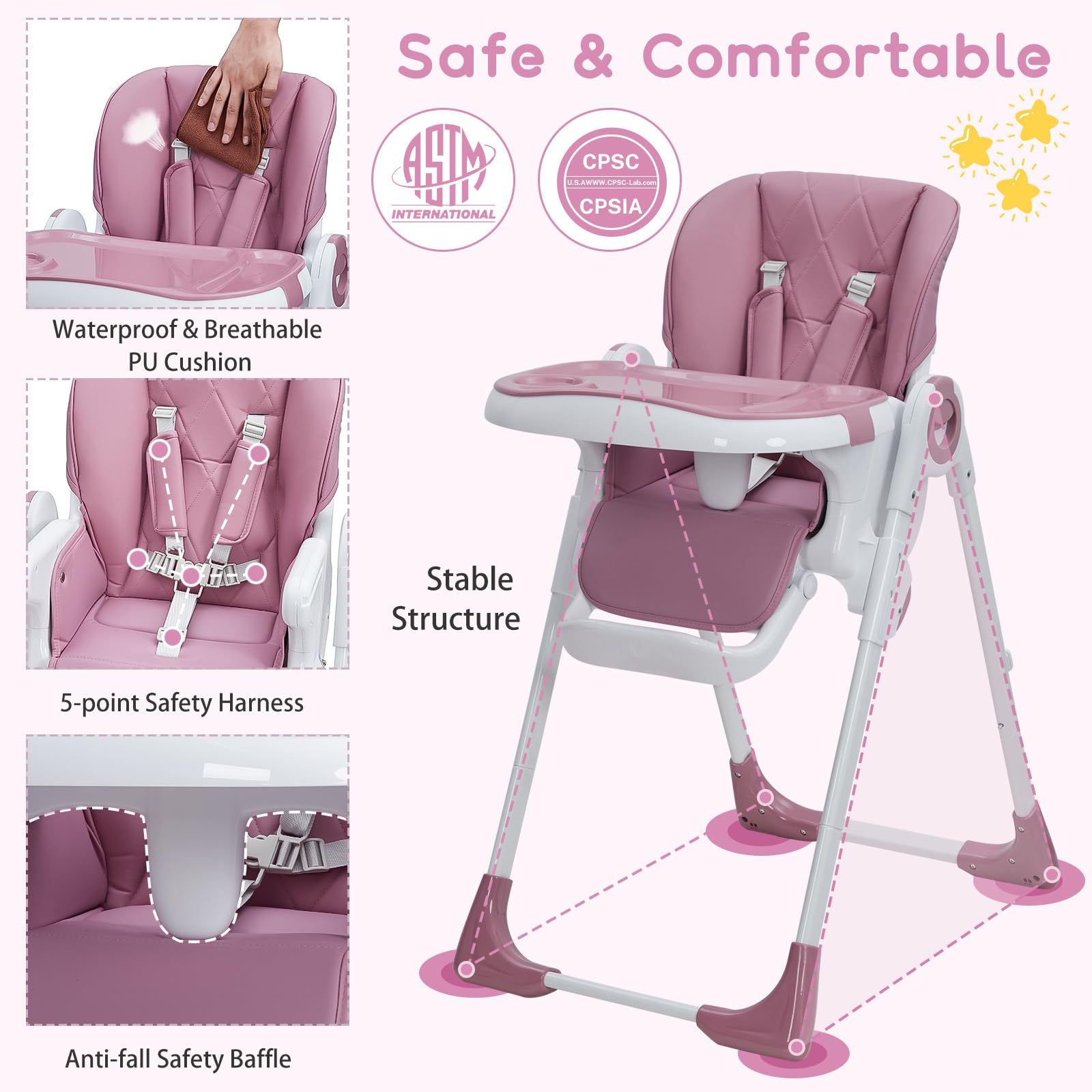 Multifunctional Baby High Chair with Adjustable Height and Recline Lilac