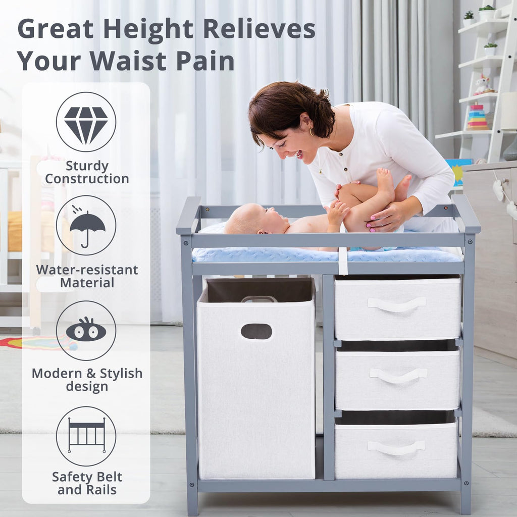 Wooden Diaper Changing Table with Laundry Hamper and 3 Storage Drawers GainNo