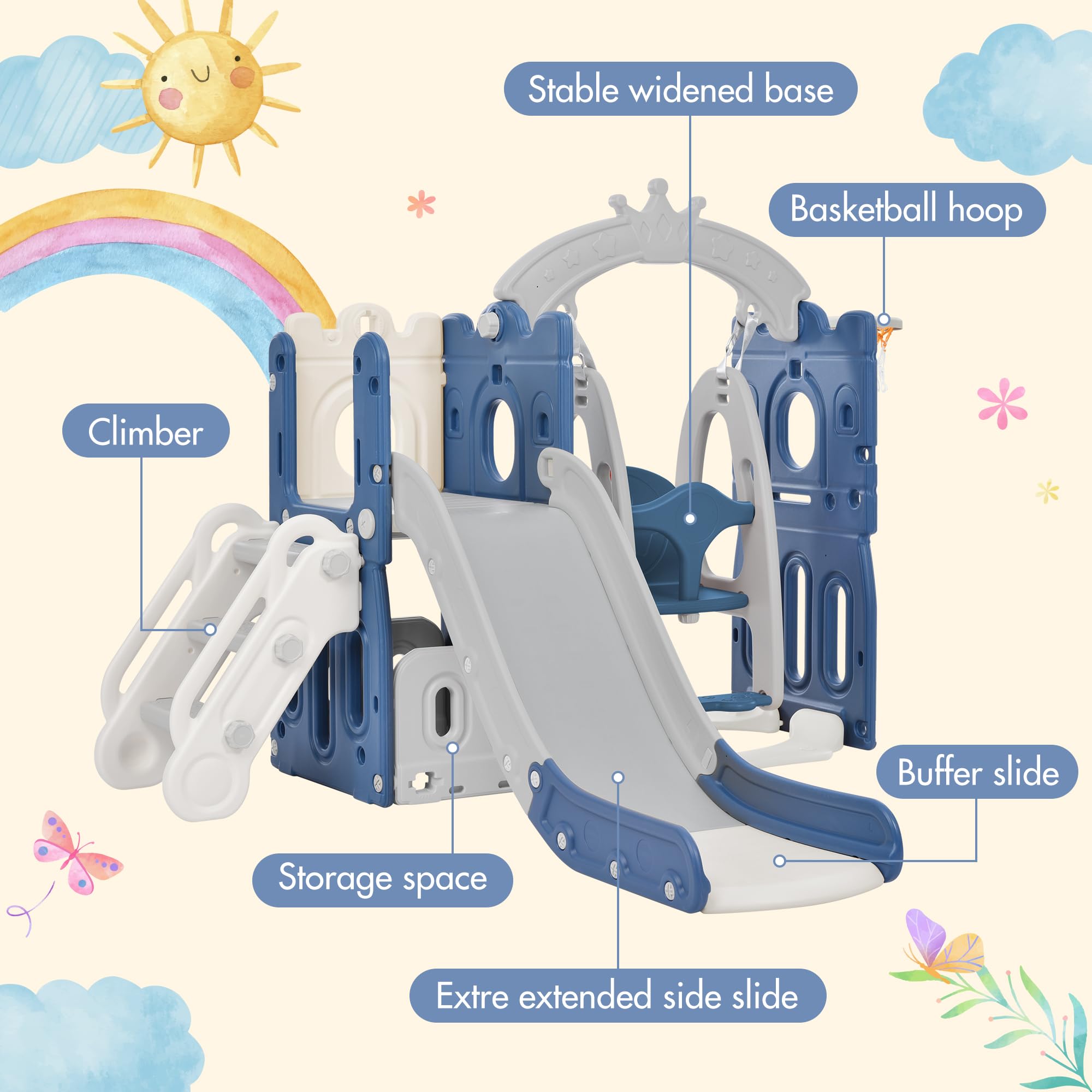 Toddler Slide and Swing Set 5 in 1 Playground Climber Multi-Color GainNo