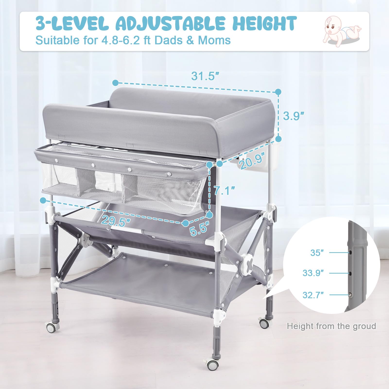Portable Baby Changing Table with Wheels Adjustable Height Grey