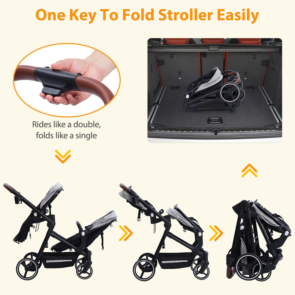 Foldable Double Baby Stroller Multi-Position Reversible Light Grey