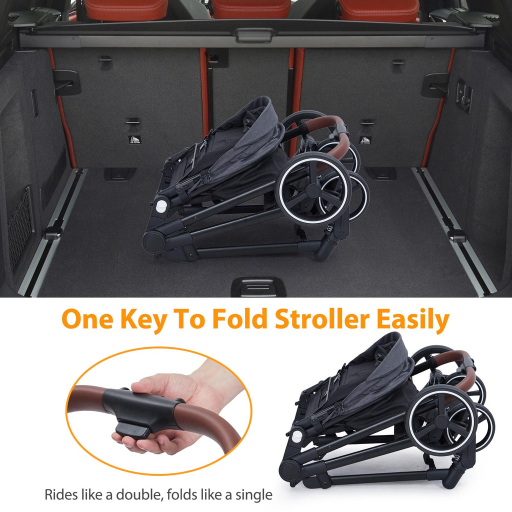 Foldable Double Baby Stroller Multi-Position Reversible Dark Grey