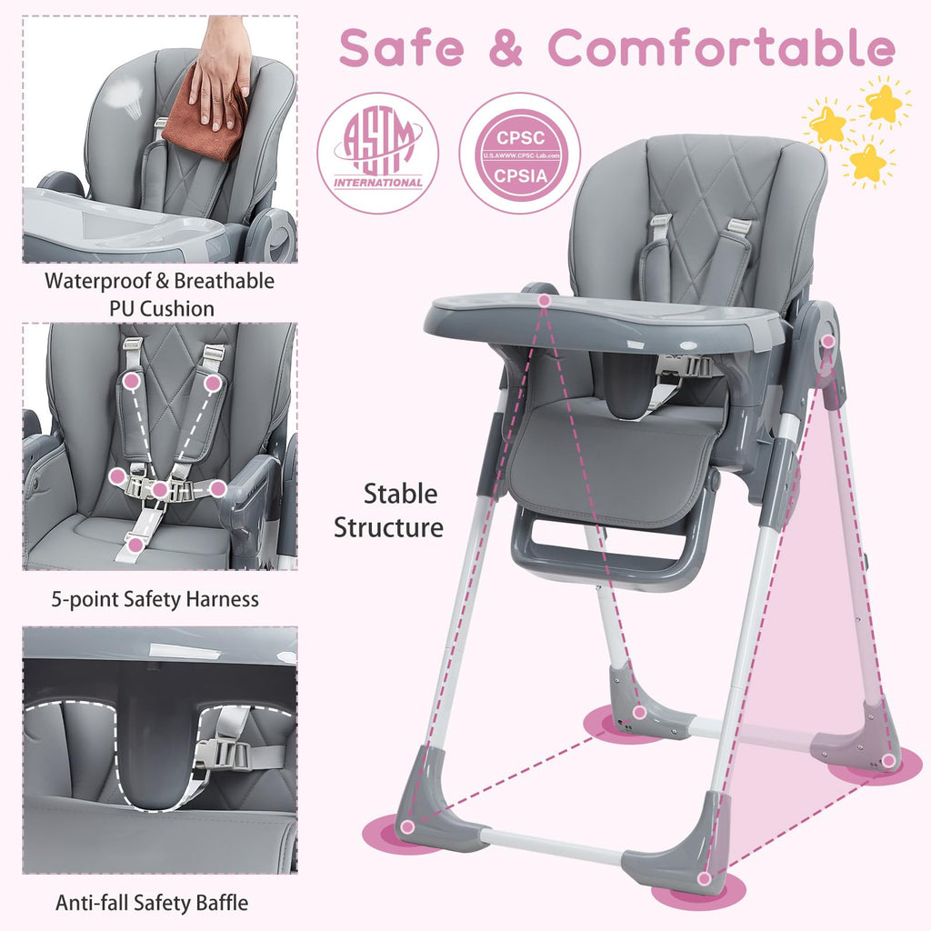 Baby High Chair Multifunctional Adjustable Height and Recline Dark Grey GainNo