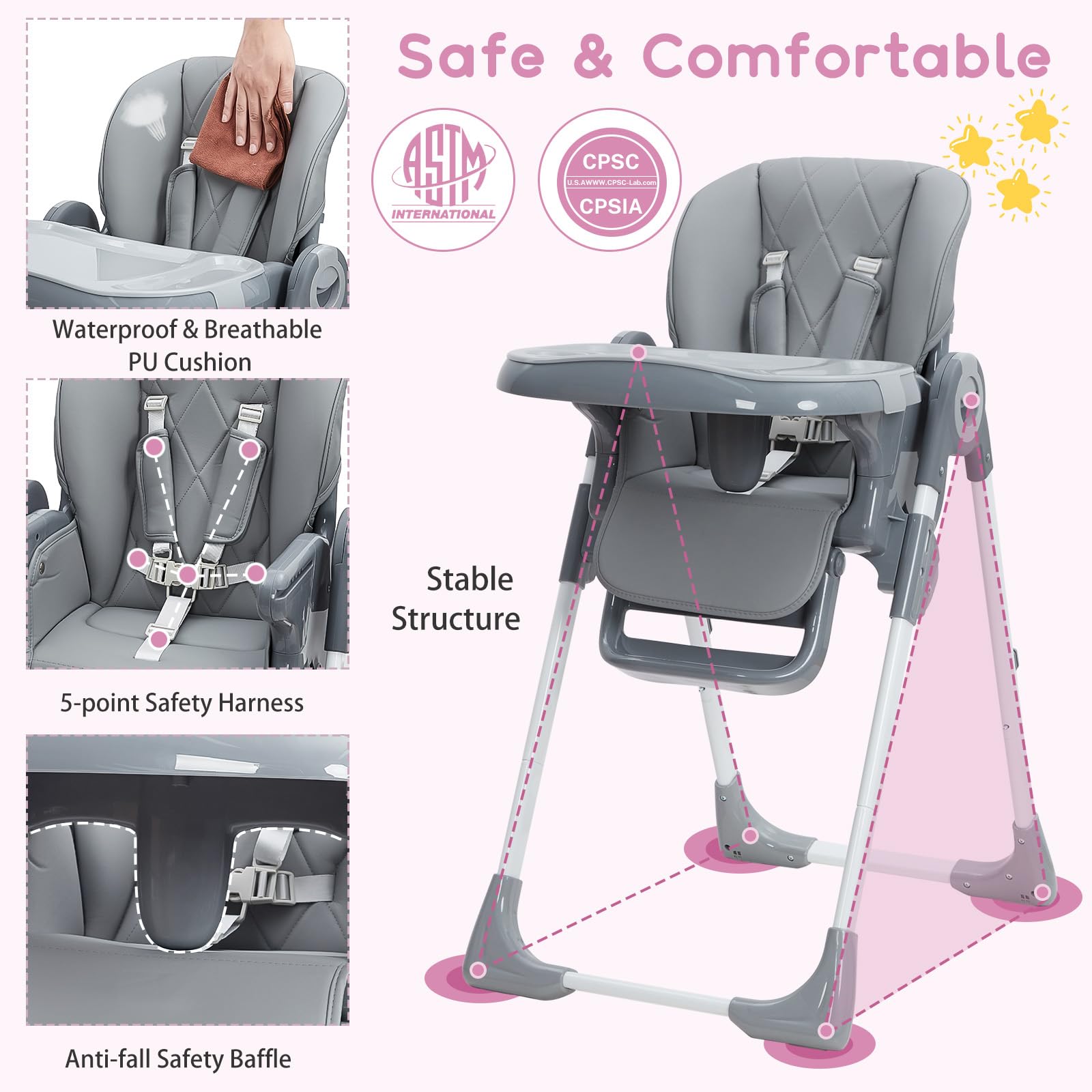 Baby High Chair Multifunctional Adjustable Height and Recline Dark Grey GainNo