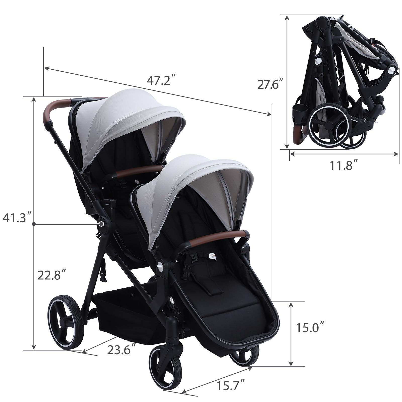 Foldable Double Baby Stroller Multi-Position Reversible Light Grey