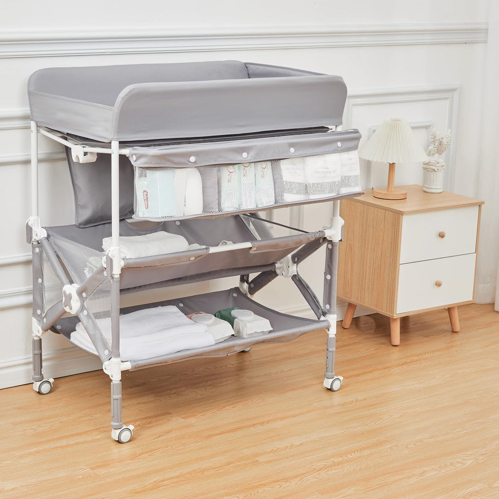 Portable Baby Changing Table with Wheels Adjustable Height Grey