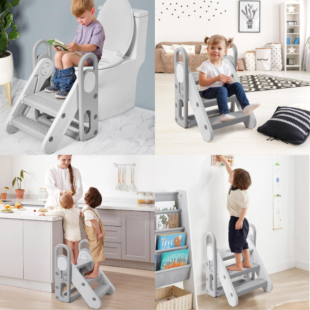 Foldable Toddler Step Stool 3-Step Adjustable Ladder Grey GainNo