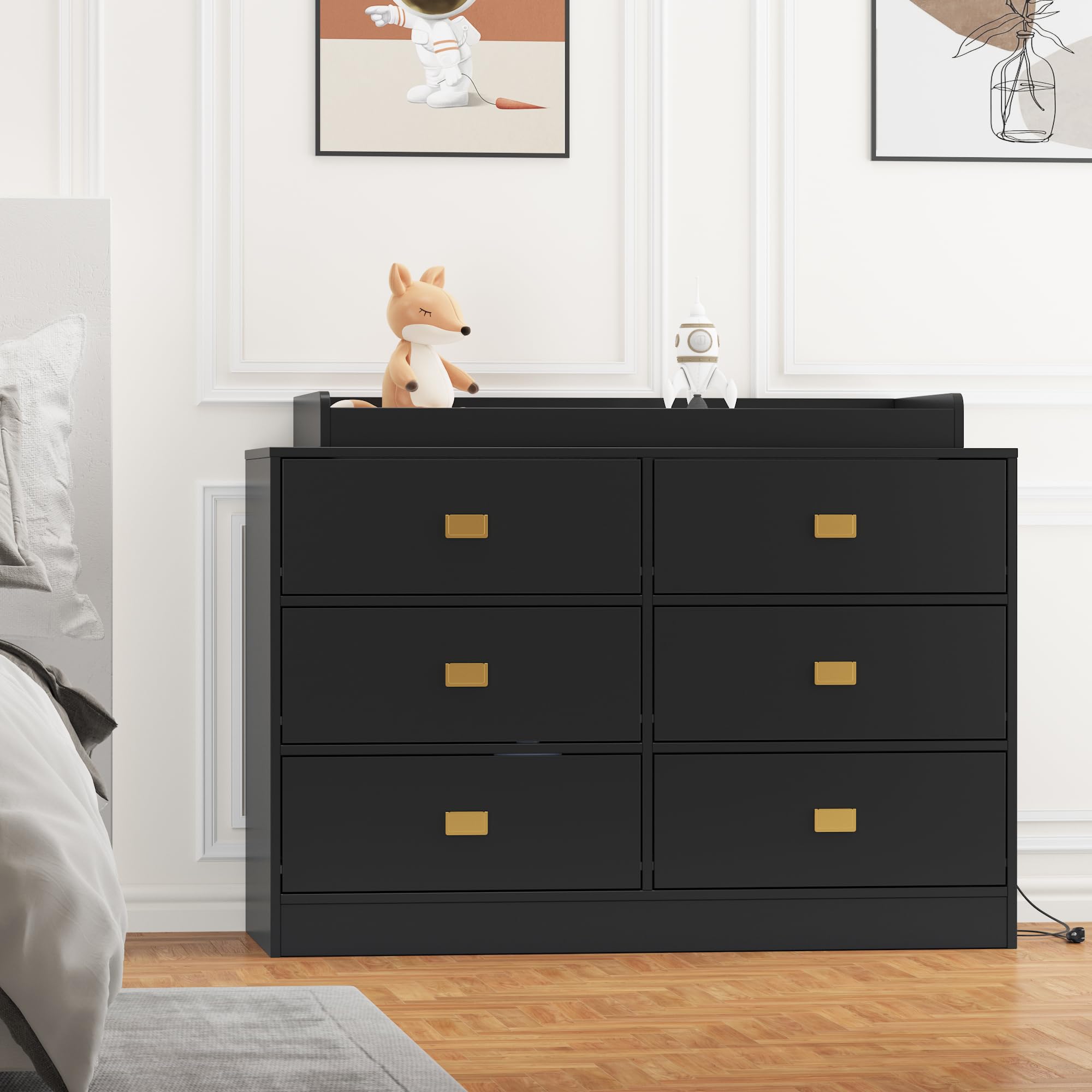 Baby Changing Table Dresser with 6 Drawers and Changing Pad Black GainNo
