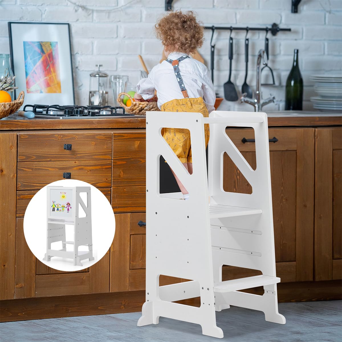 Kids Kitchen Step Stool with Chalkboard Birchwood Adjustable Height