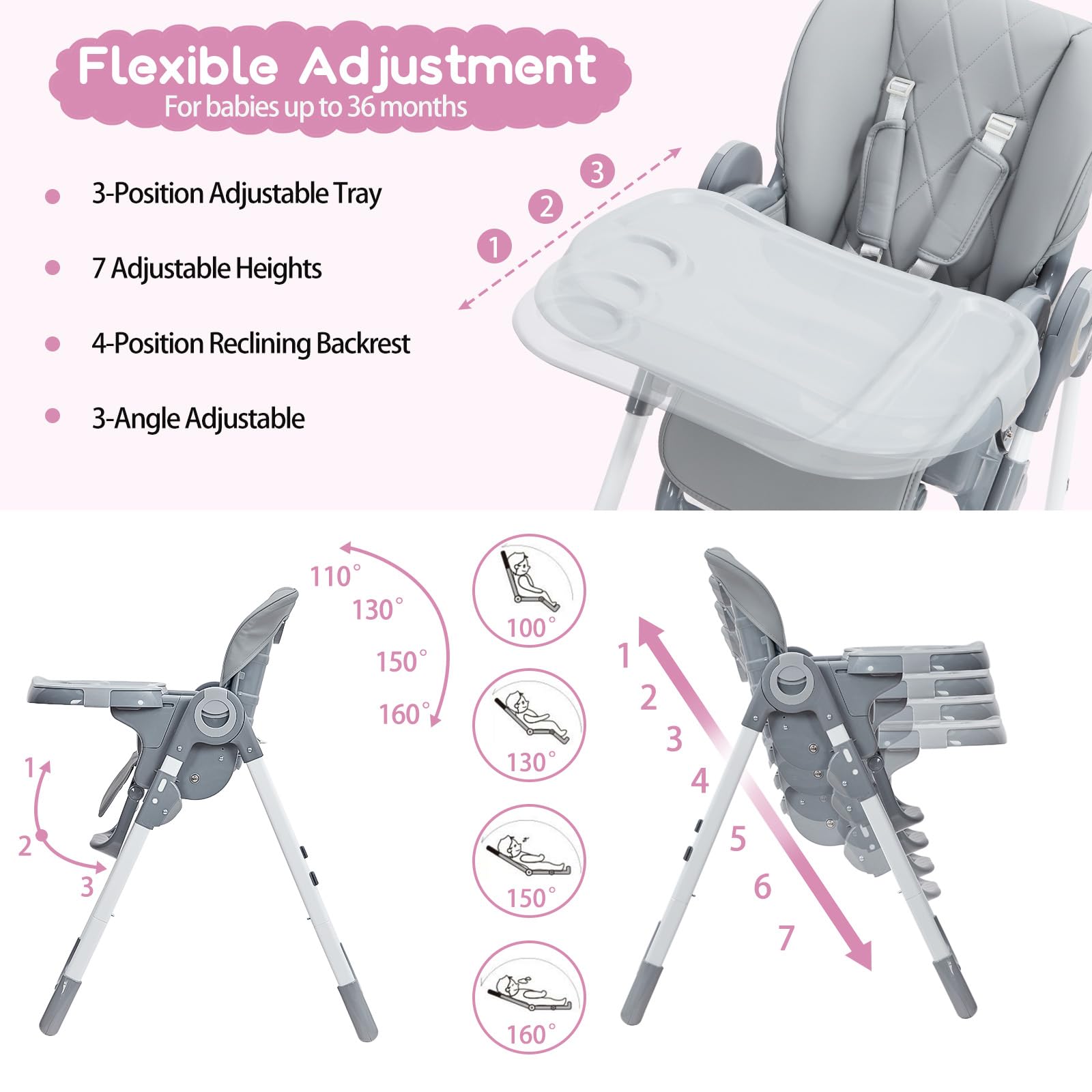 Baby High Chair Multifunctional Adjustable Height and Recline Dark Grey GainNo