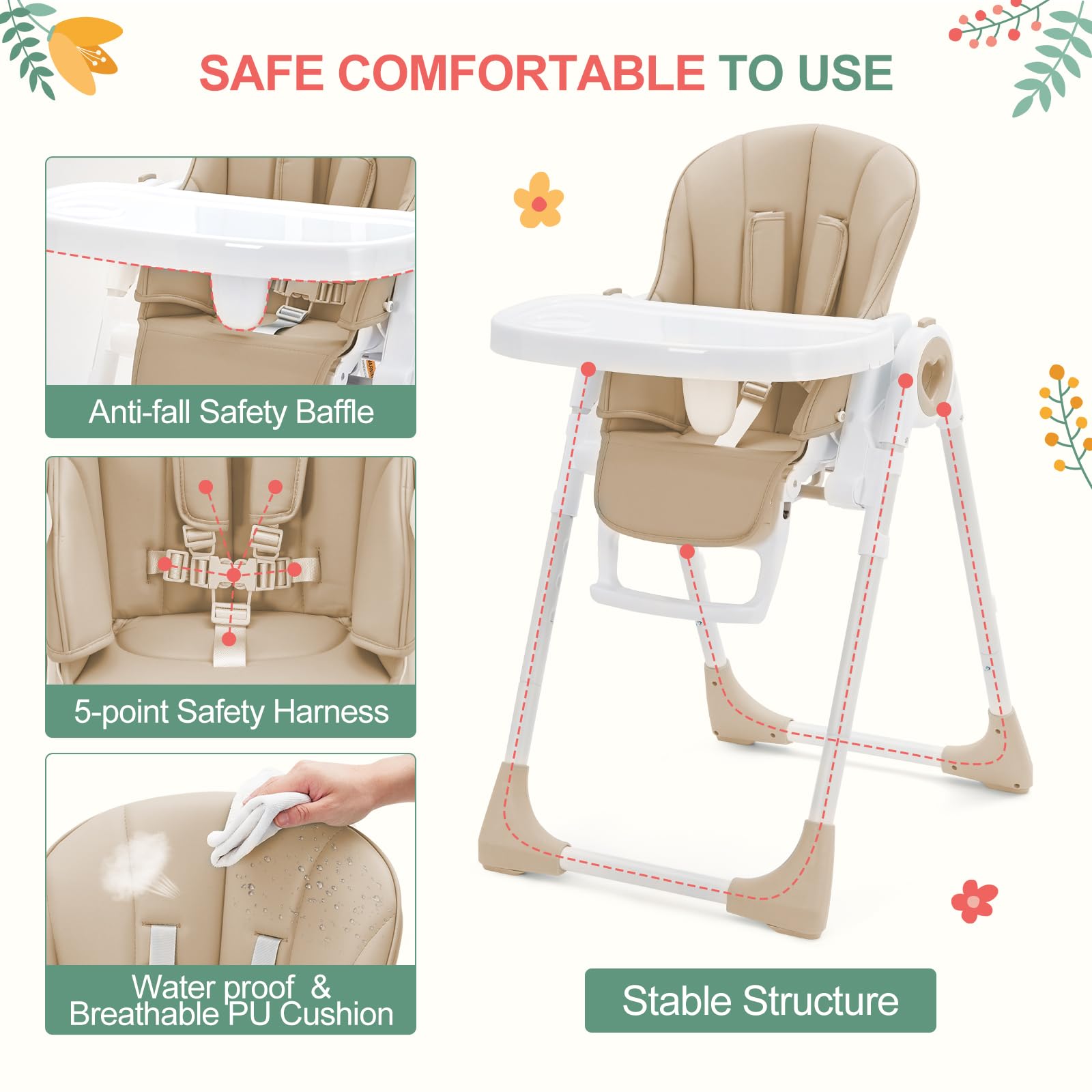 Baby High Chair with Adjustable Heights and Footrests GainNo