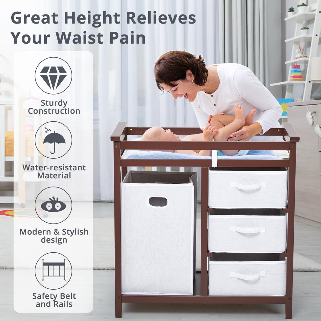 Wooden Diaper Changing Table with Laundry Hamper and 3 Drawers Brown GainNo