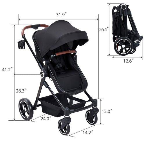2 in 1 Baby Stroller Reversible Bassinet Pram Black GainNo