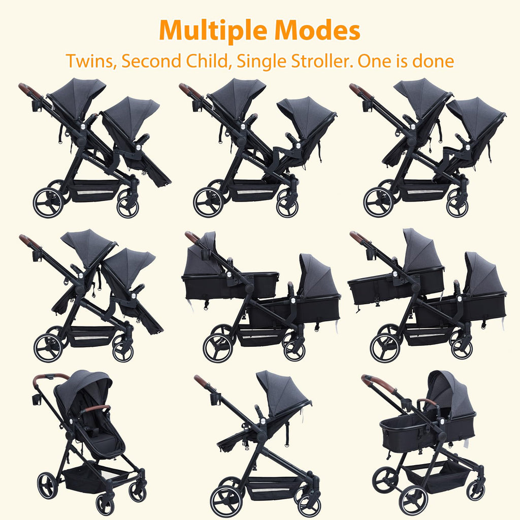 Foldable Double Baby Stroller Multi-Position Reversible Dark Grey