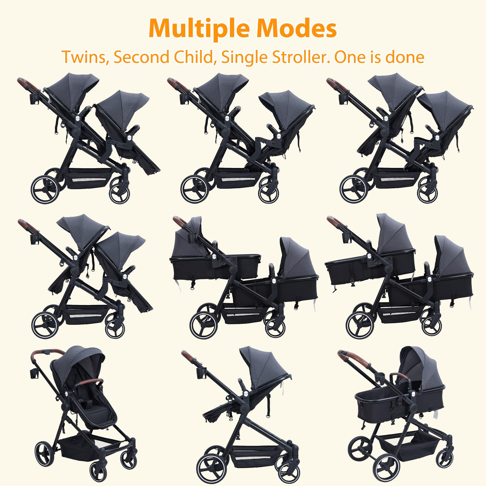 Foldable Double Baby Stroller Multi-Position Reversible Dark Grey