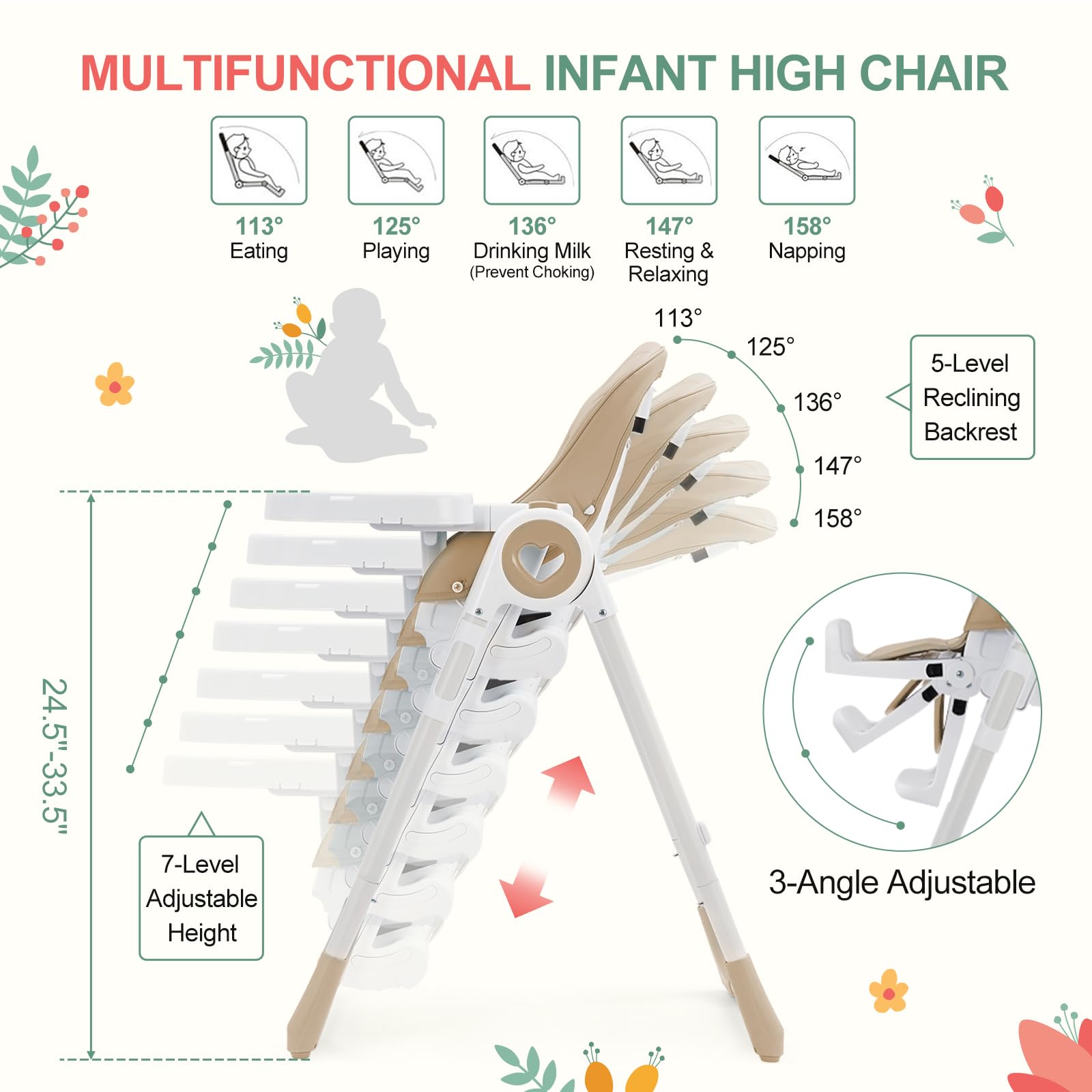 Baby High Chair with Adjustable Heights and Footrests GainNo